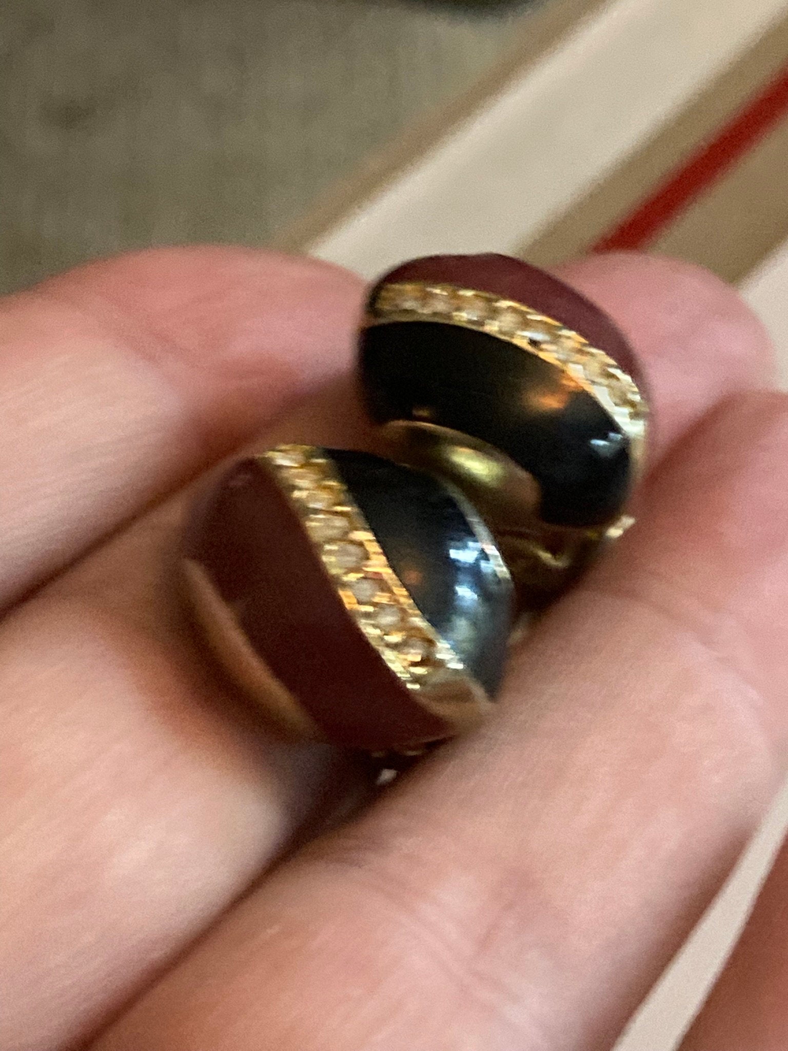 Vintage Gold tone black and brown enamel diamanté paste clip on earrings stud 1980s