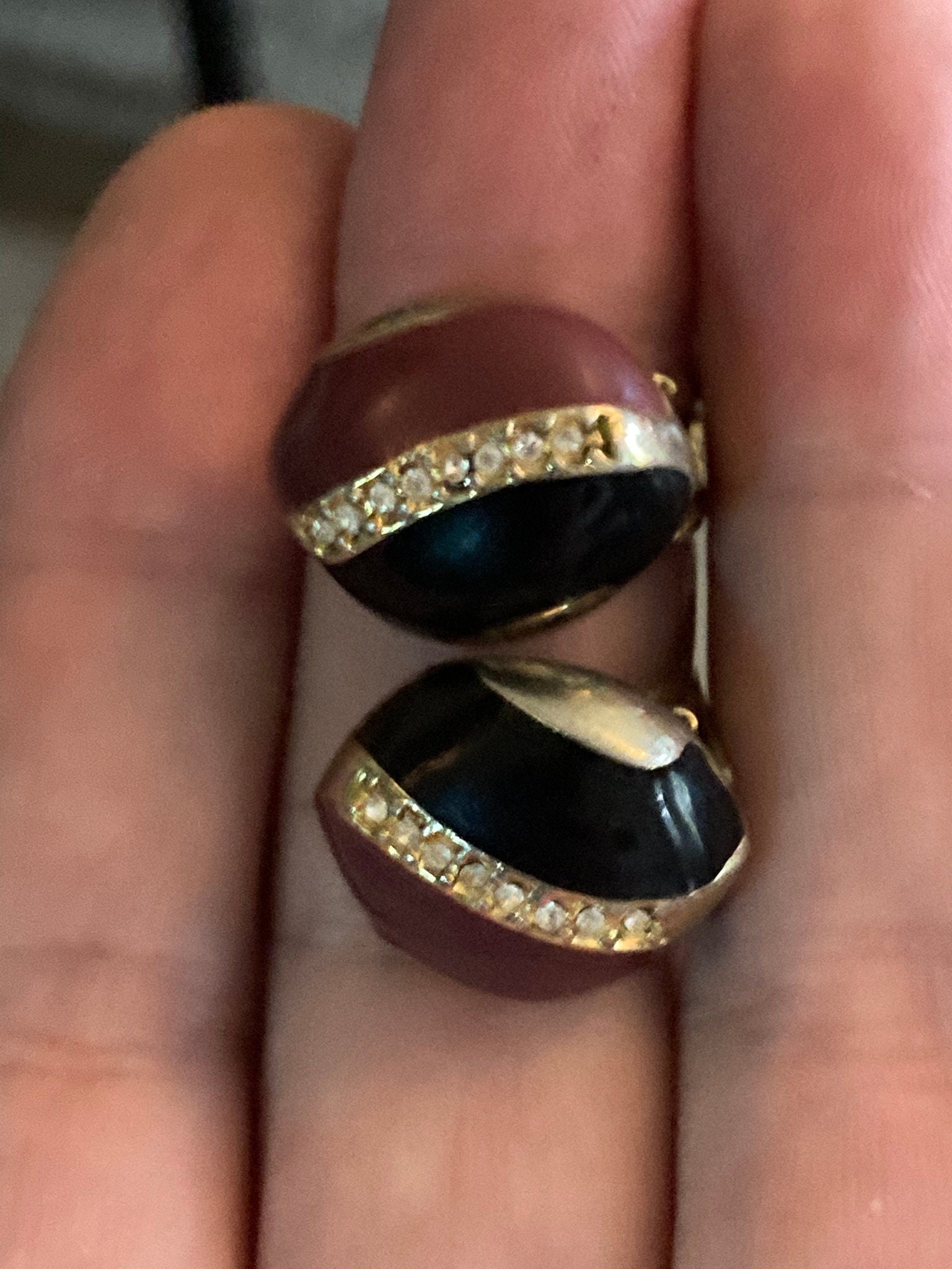 Vintage Gold tone black and brown enamel diamanté paste clip on earrings stud 1980s