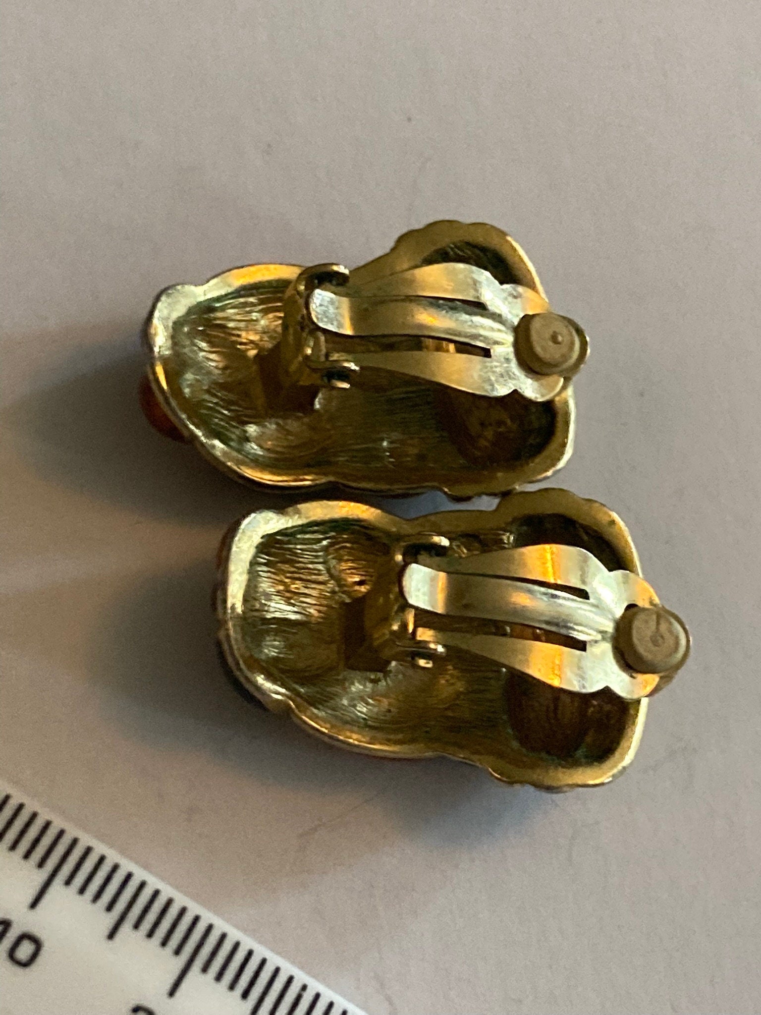 Vintage Gold tone black and brown enamel oversized clip on earrings