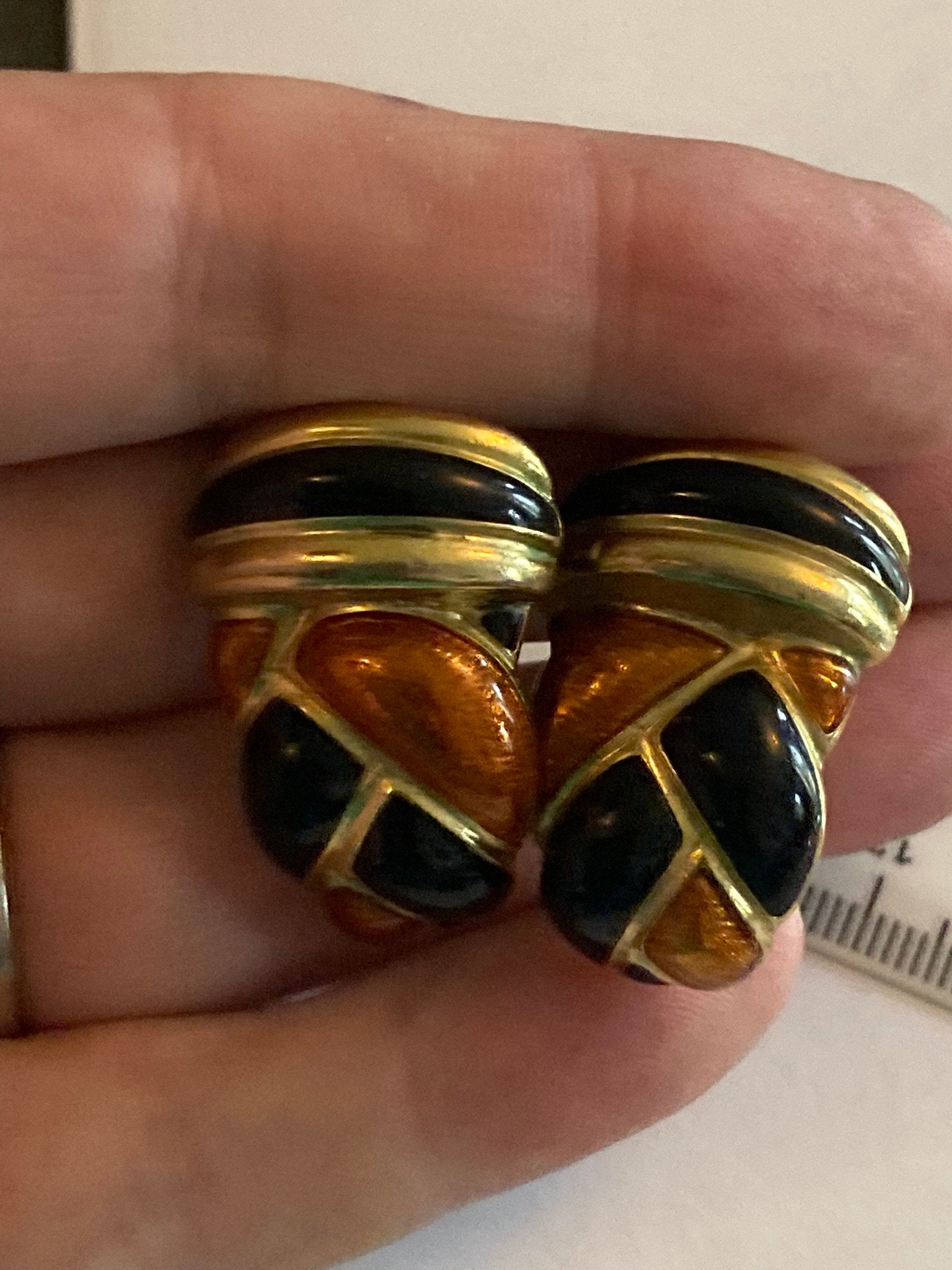 Vintage Gold tone black and brown enamel oversized clip on earrings