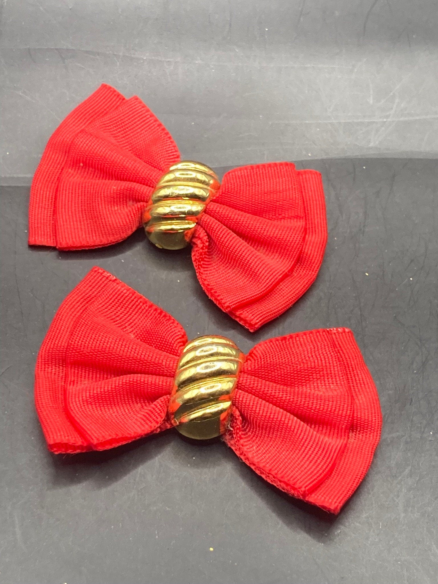 pair of red GROSGRAIN and gold metal large BOW shoe clips vintage