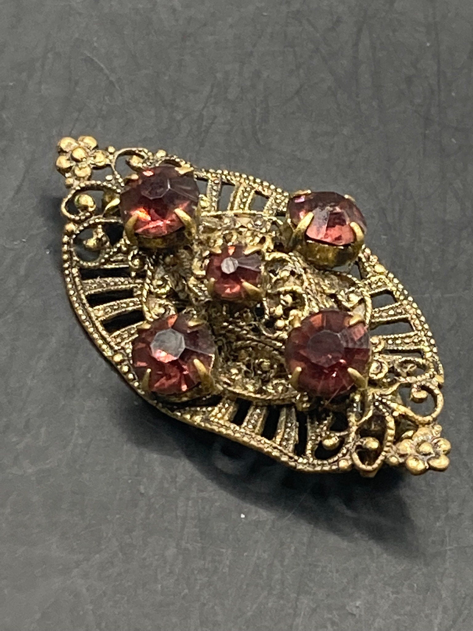 Czech gold tone filigree faux amethyst purple rhinestone brooch