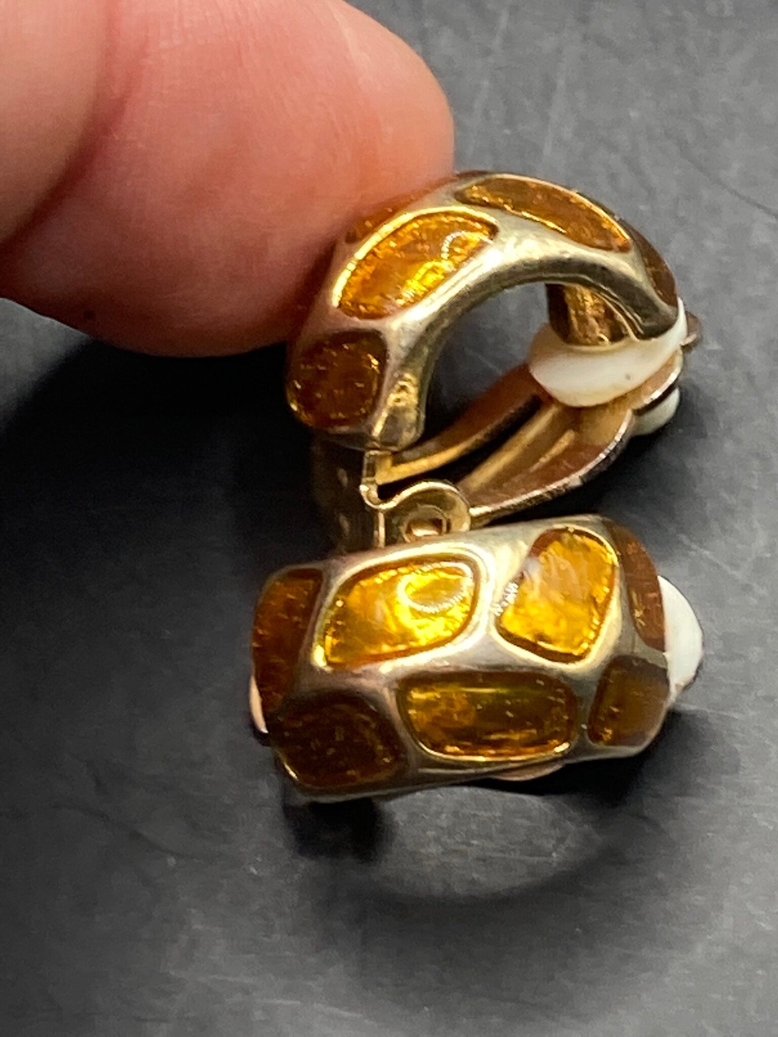 Vintage Glass orange amber enamel gold tone oval Clip On Stud Earrings