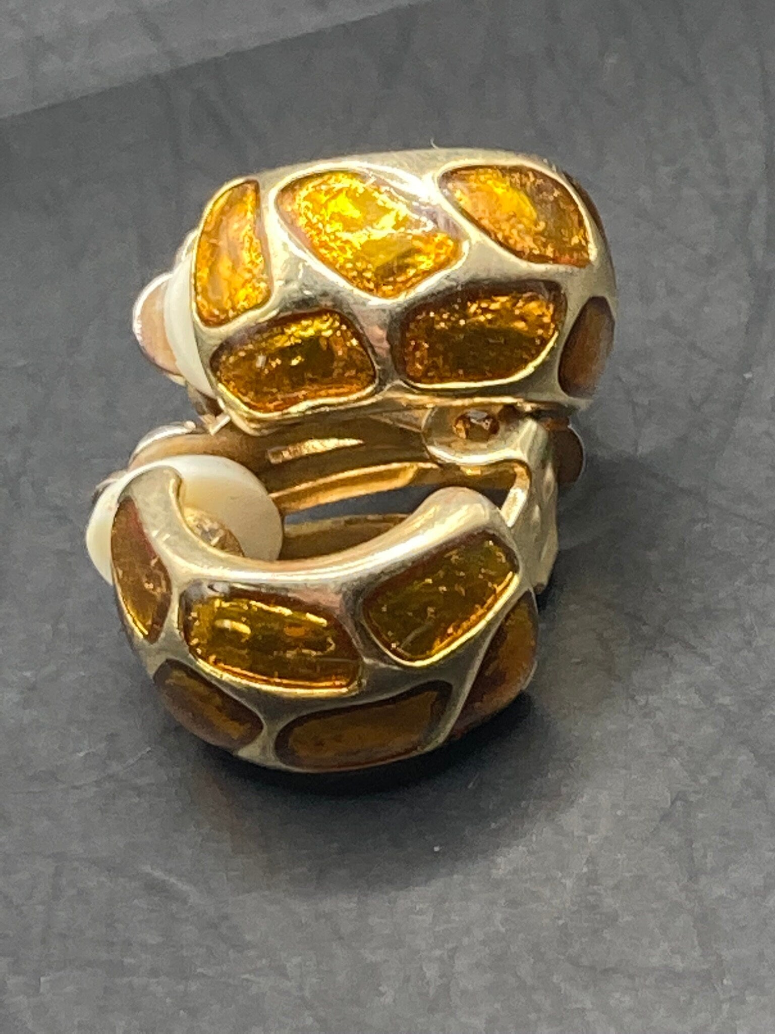 Vintage Glass orange amber enamel gold tone oval Clip On Stud Earrings
