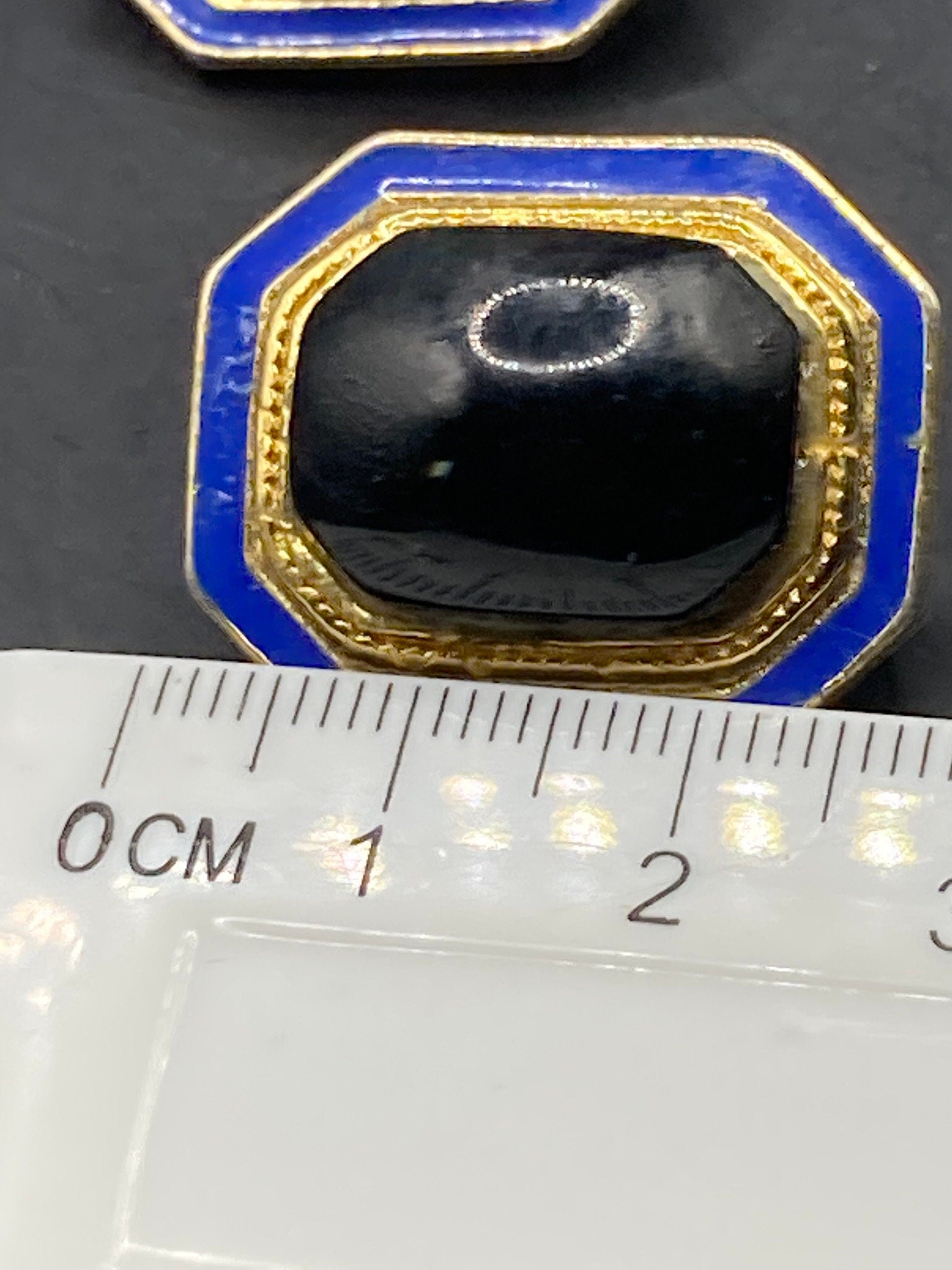 oversized Vintage Gold tone octagonal gold blue and black enamel clip on earrings