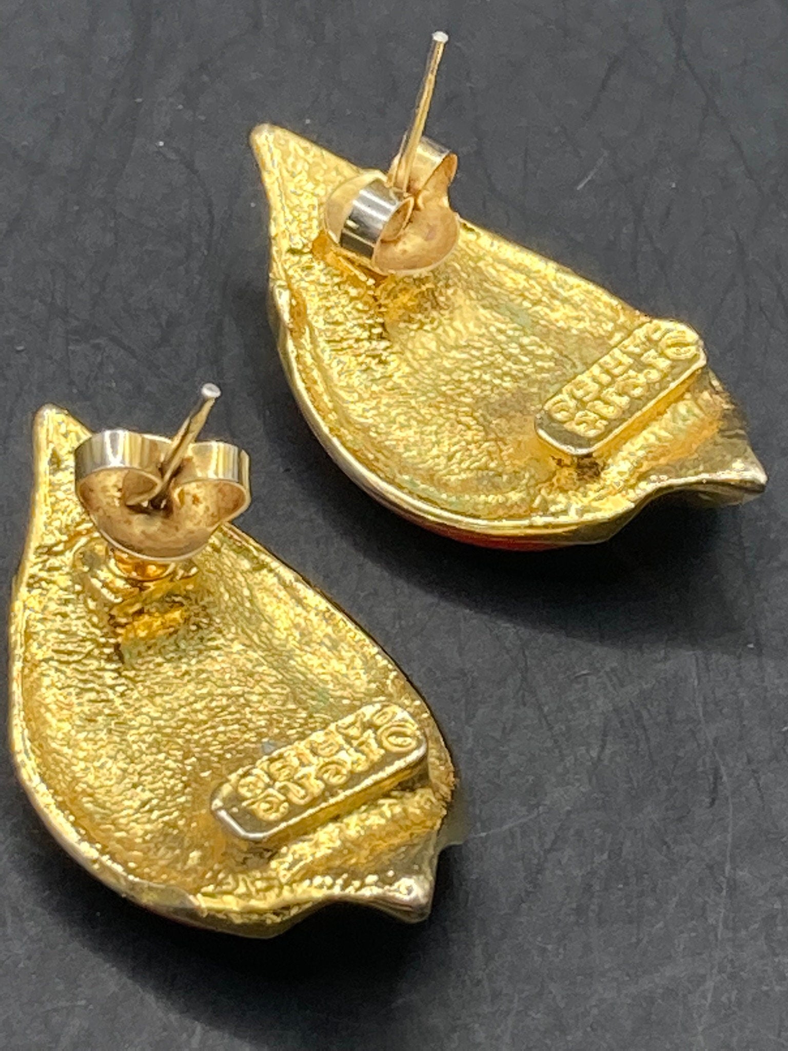Signed ORENA Paris gold tone red enamel stud earrings for pierced ears