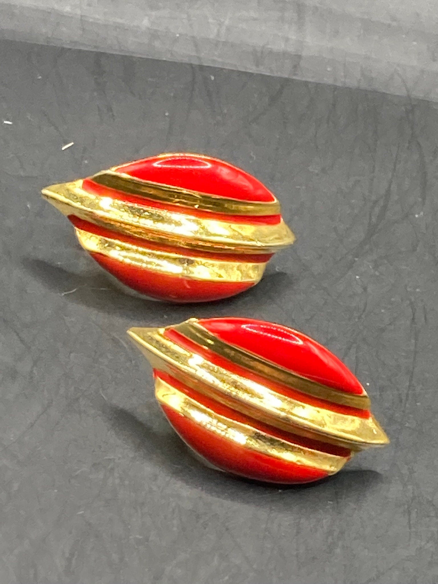Signed ORENA Paris gold tone red enamel stud earrings for pierced ears
