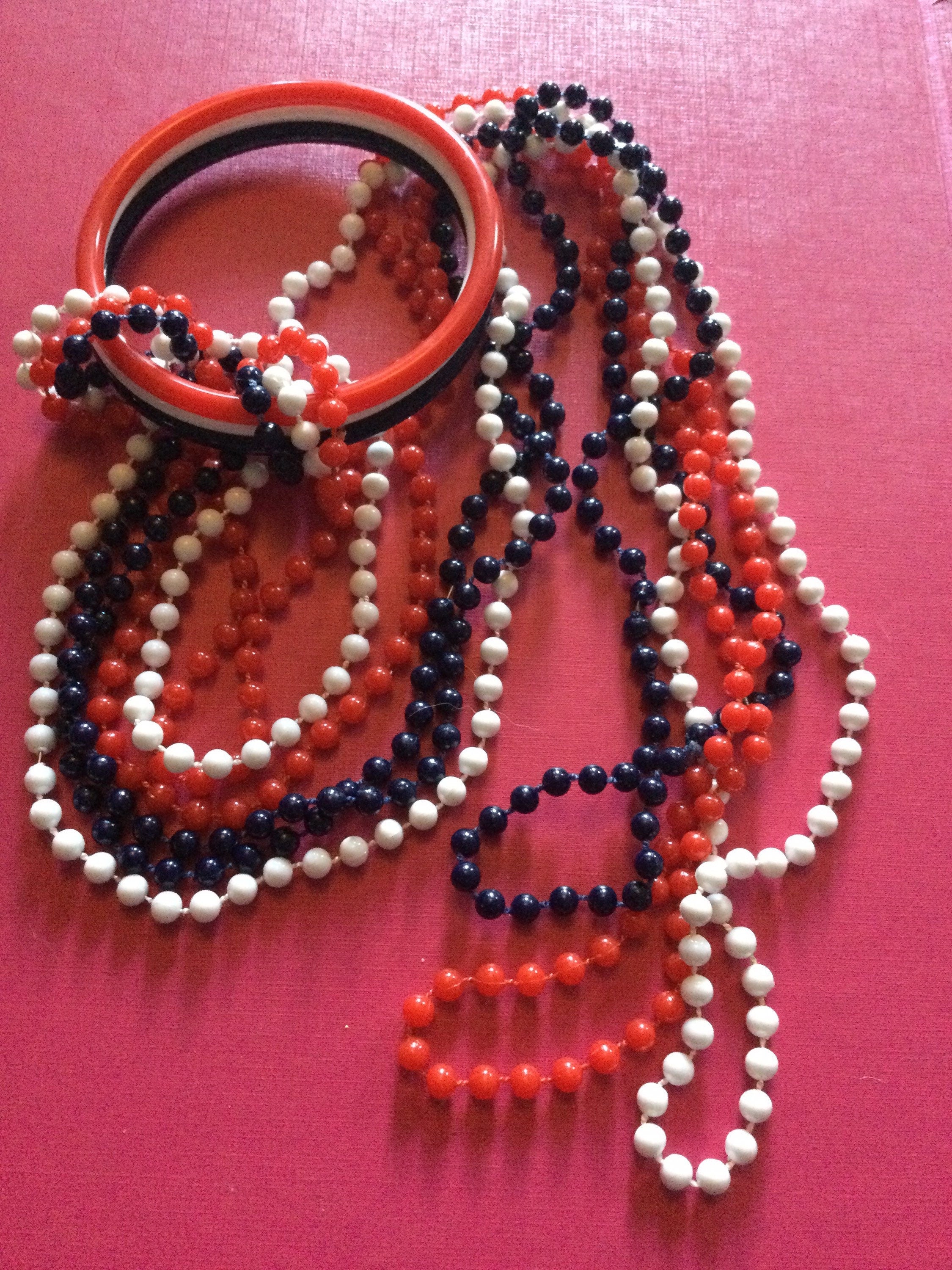 1960s patriotic USA UK France red white blue fixed plastic beaded jewellery set 3 necklaces & bangles