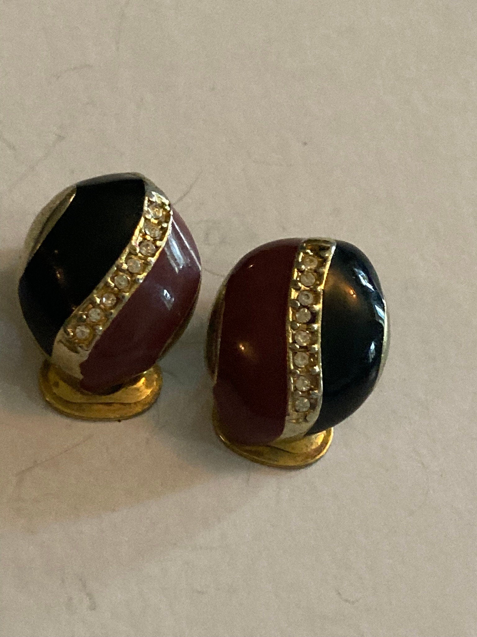 Vintage Gold tone black and brown enamel diamanté paste clip on earrings stud 1980s