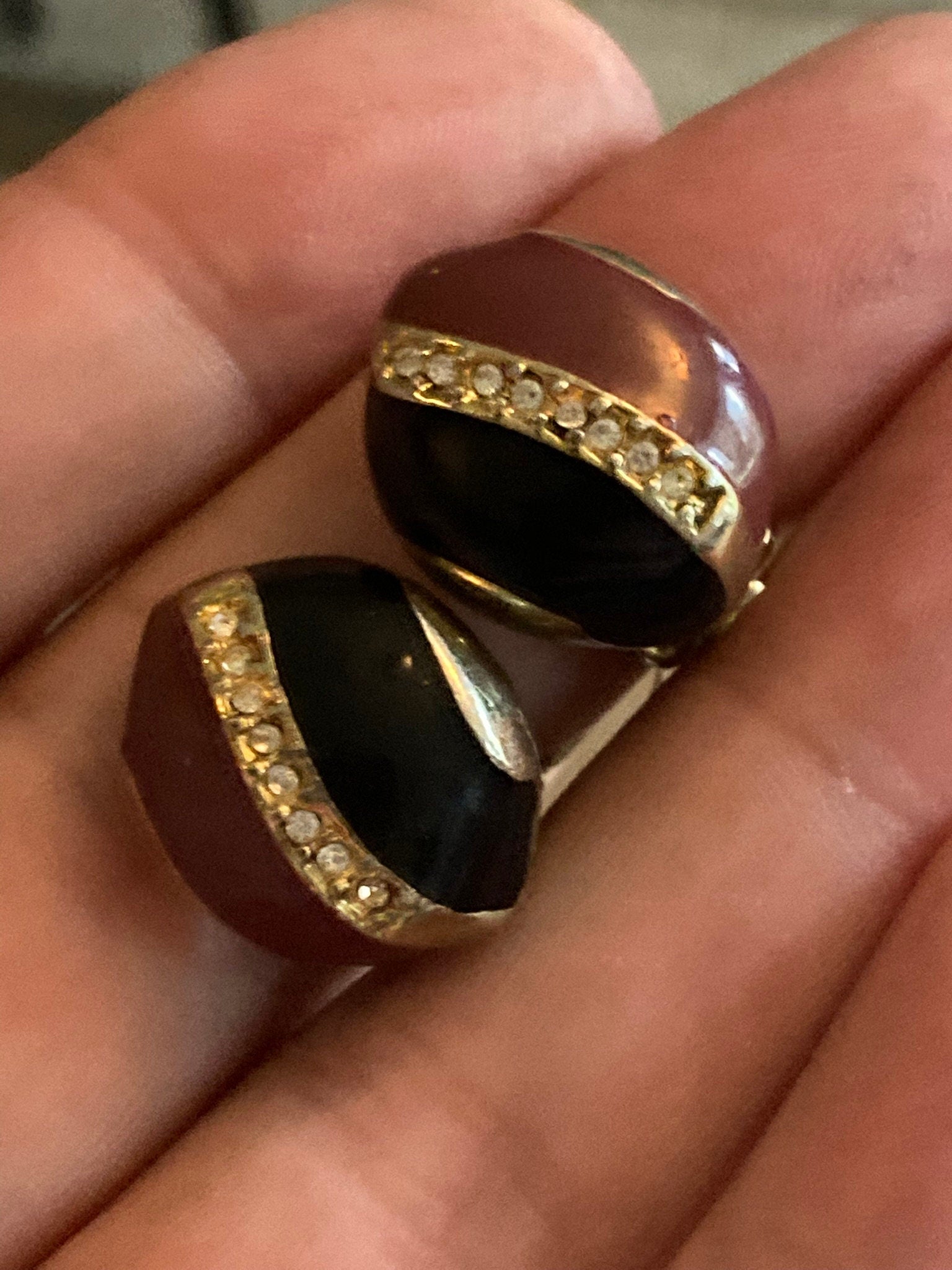 Vintage Gold tone black and brown enamel diamanté paste clip on earrings stud 1980s