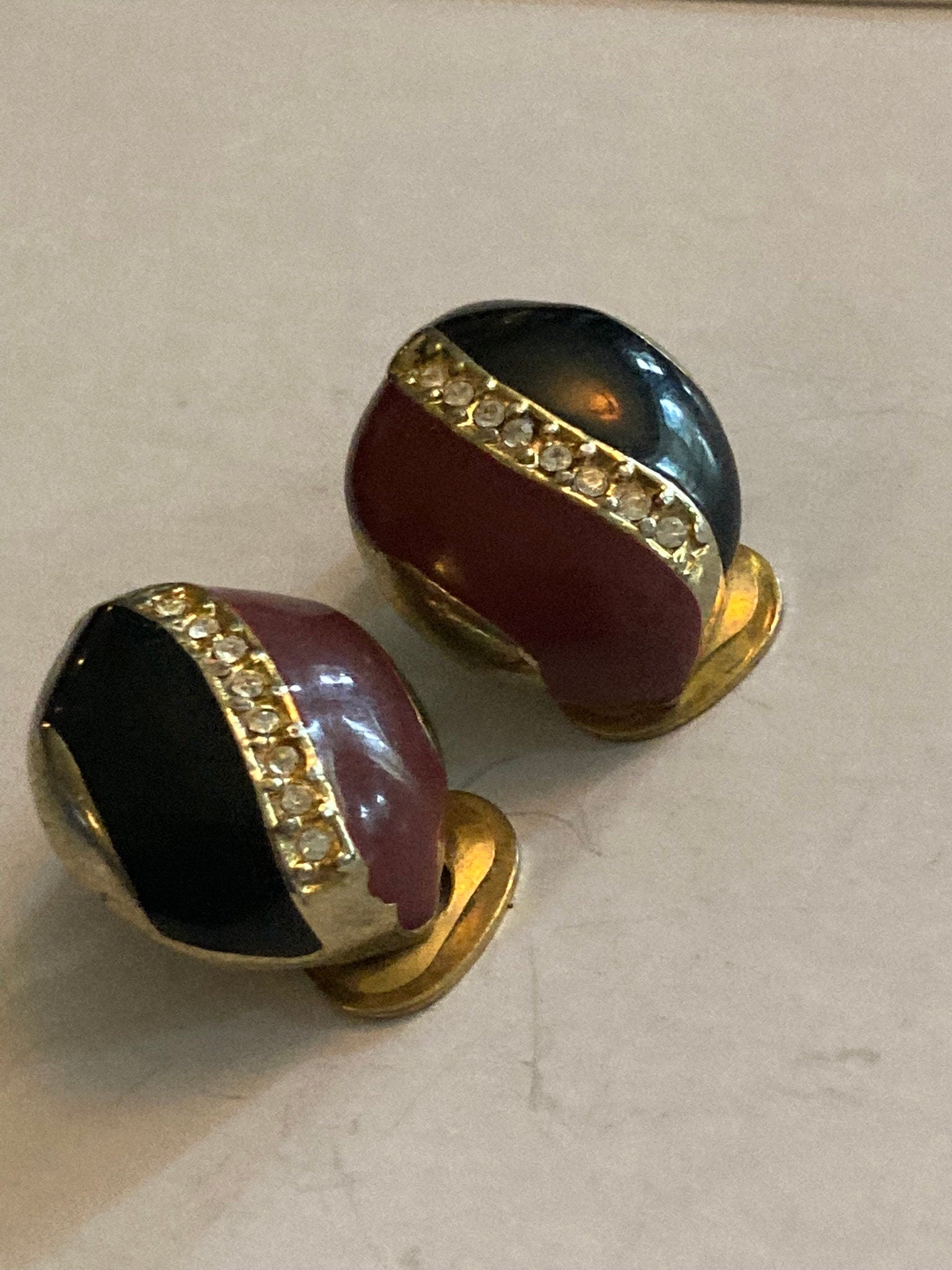 Vintage Gold tone black and brown enamel diamanté paste clip on earrings stud 1980s