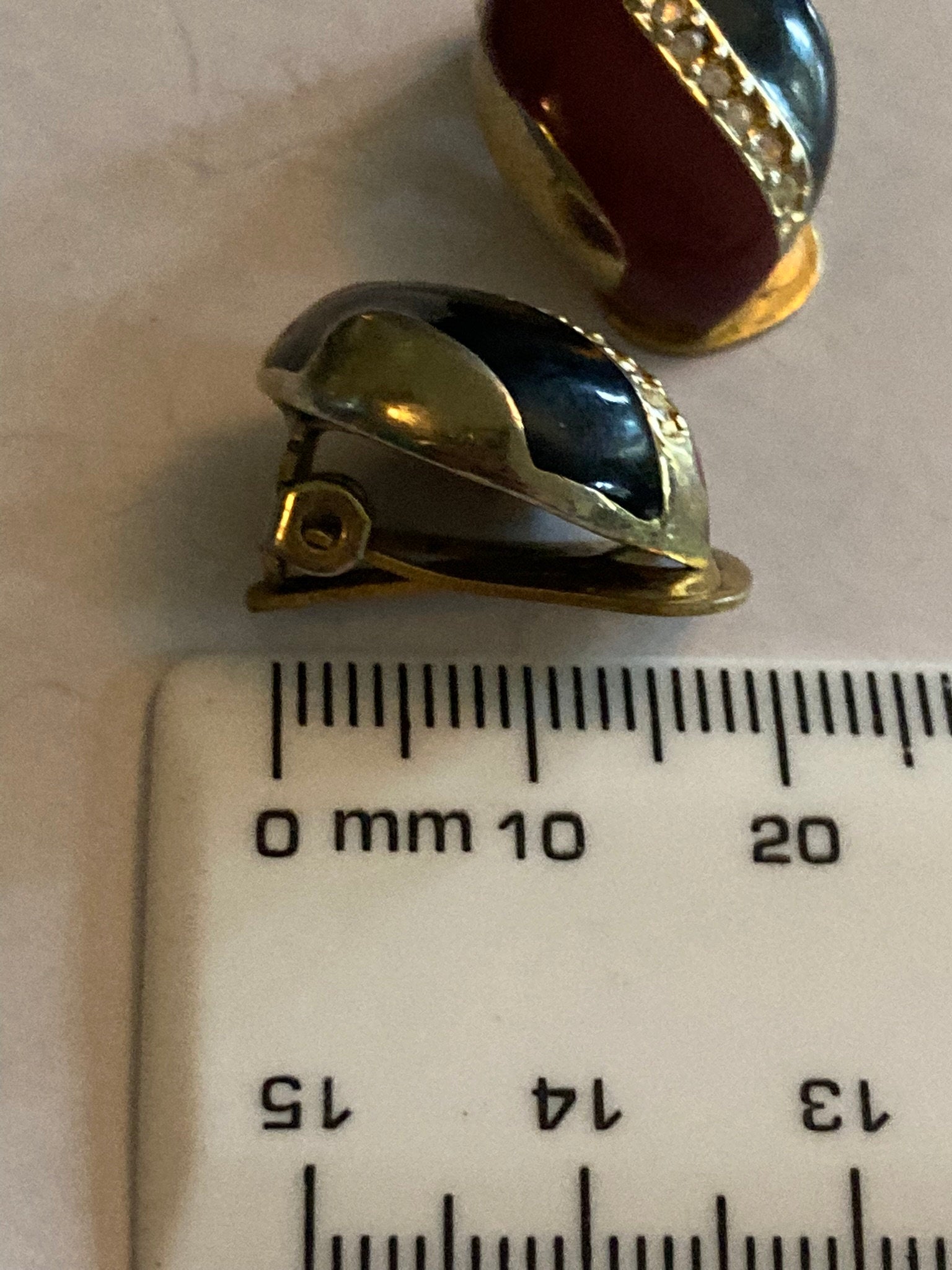 Vintage Gold tone black and brown enamel diamanté paste clip on earrings stud 1980s