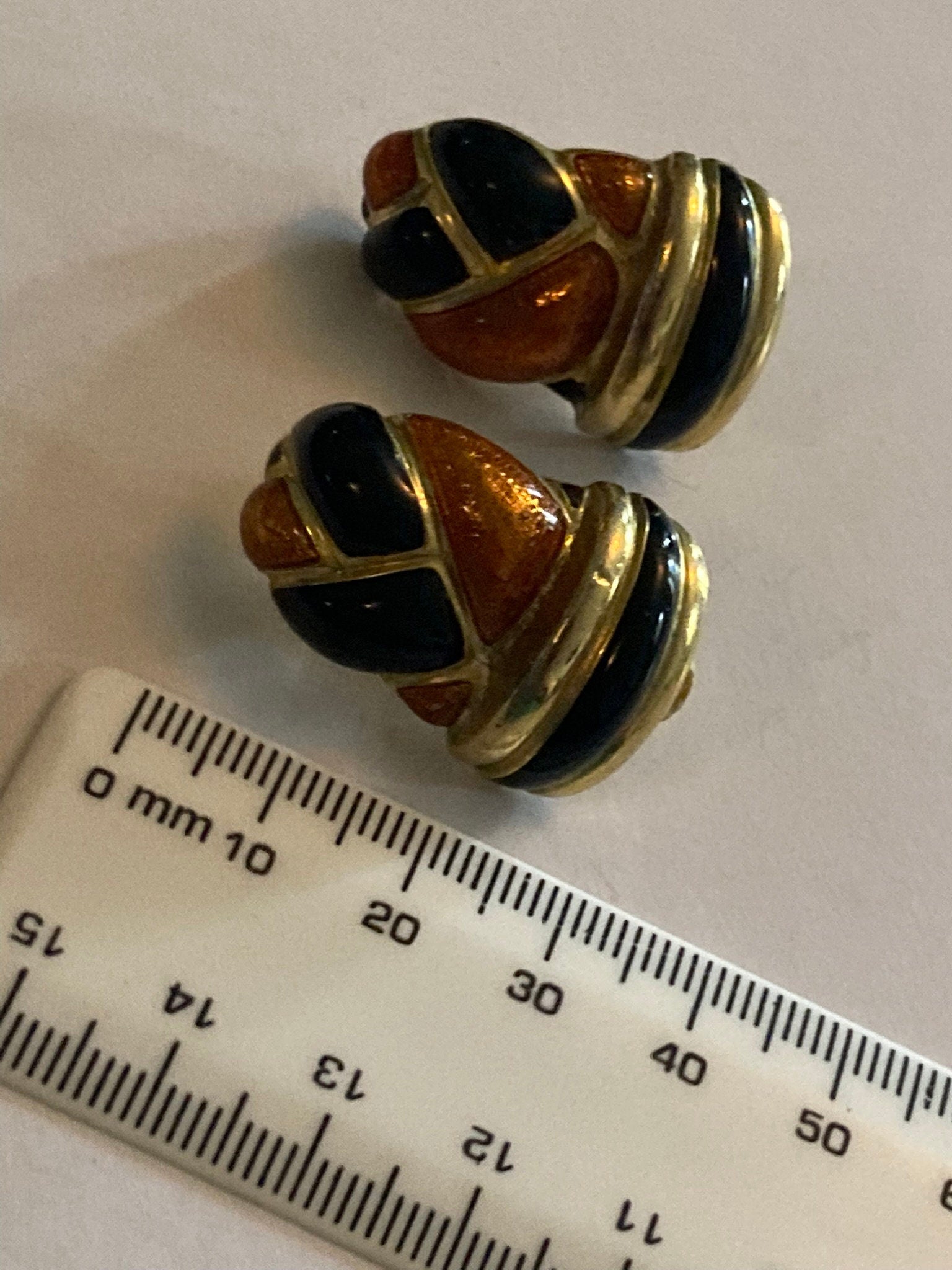 Vintage Gold tone black and brown enamel oversized clip on earrings