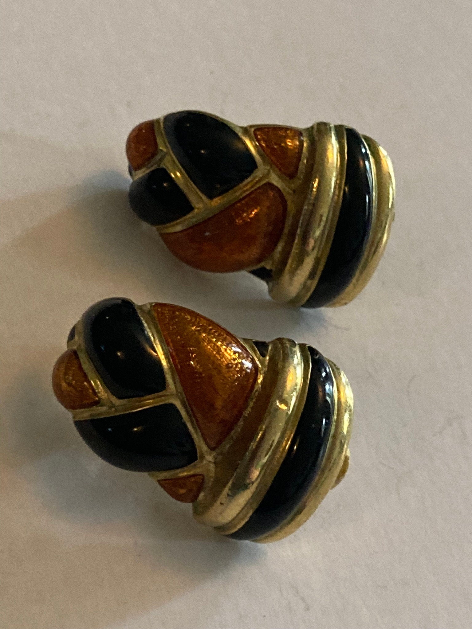 Vintage Gold tone black and brown enamel oversized clip on earrings