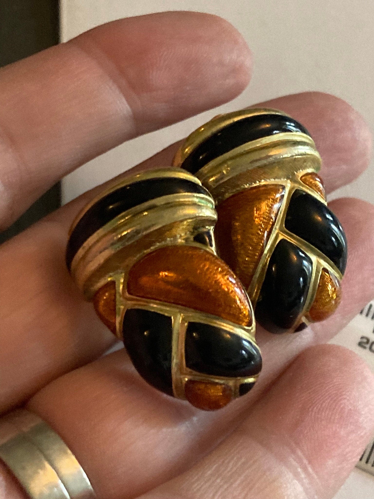 Vintage Gold tone black and brown enamel oversized clip on earrings