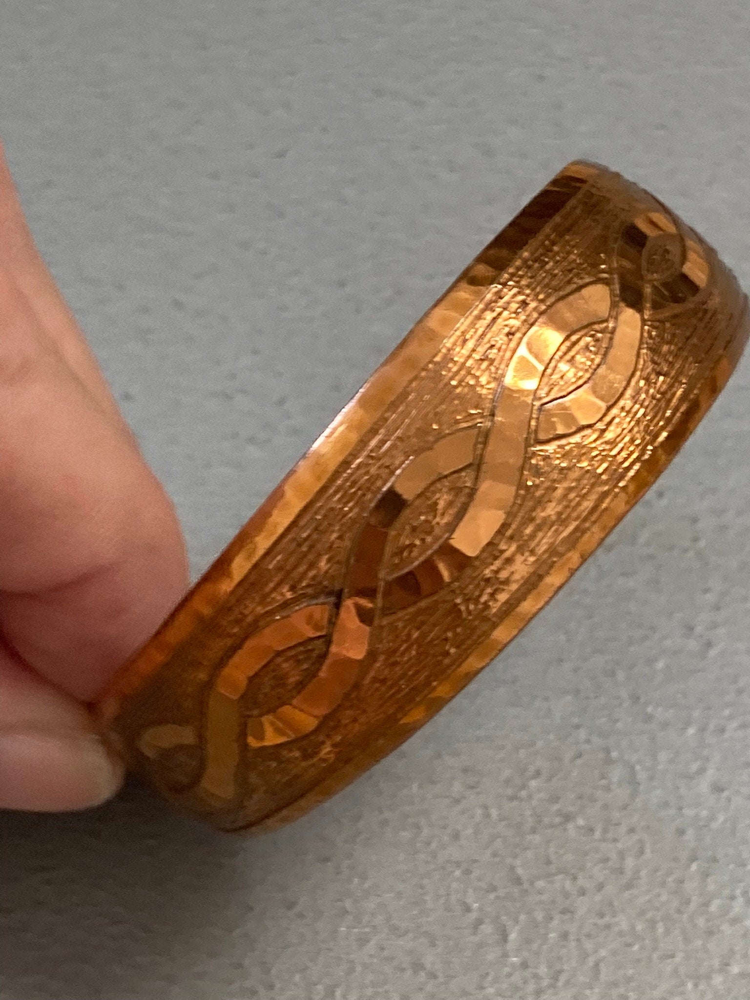 Signed MODA Maltese Brutalist copper tone etched metal bangle bracelet 1970s