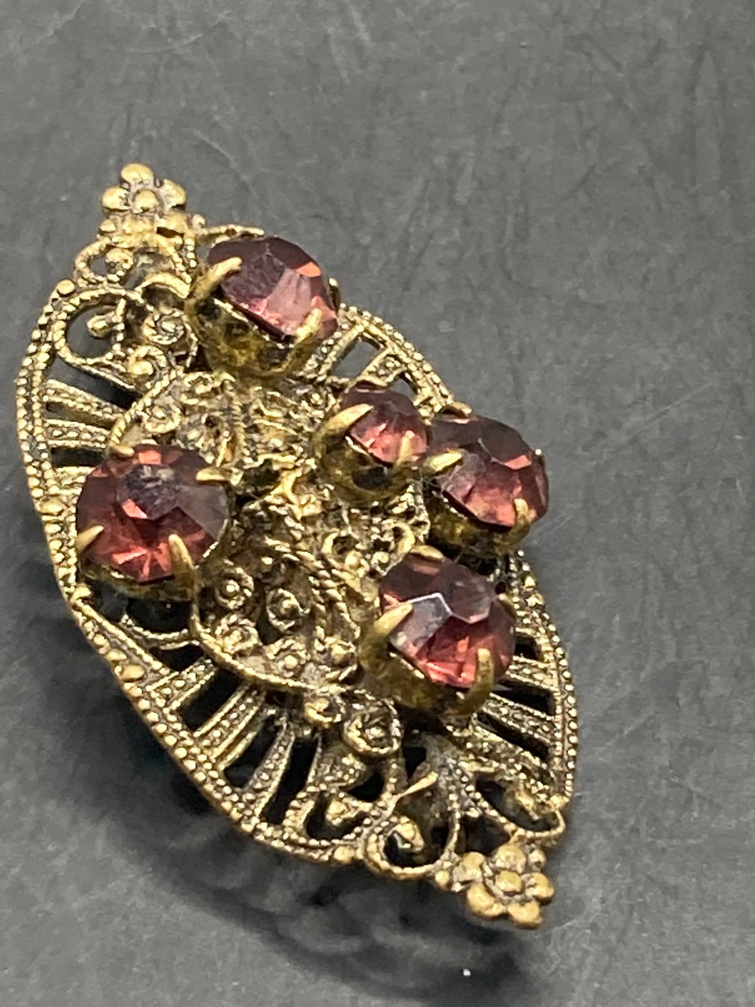 Czech gold tone filigree faux amethyst purple rhinestone brooch