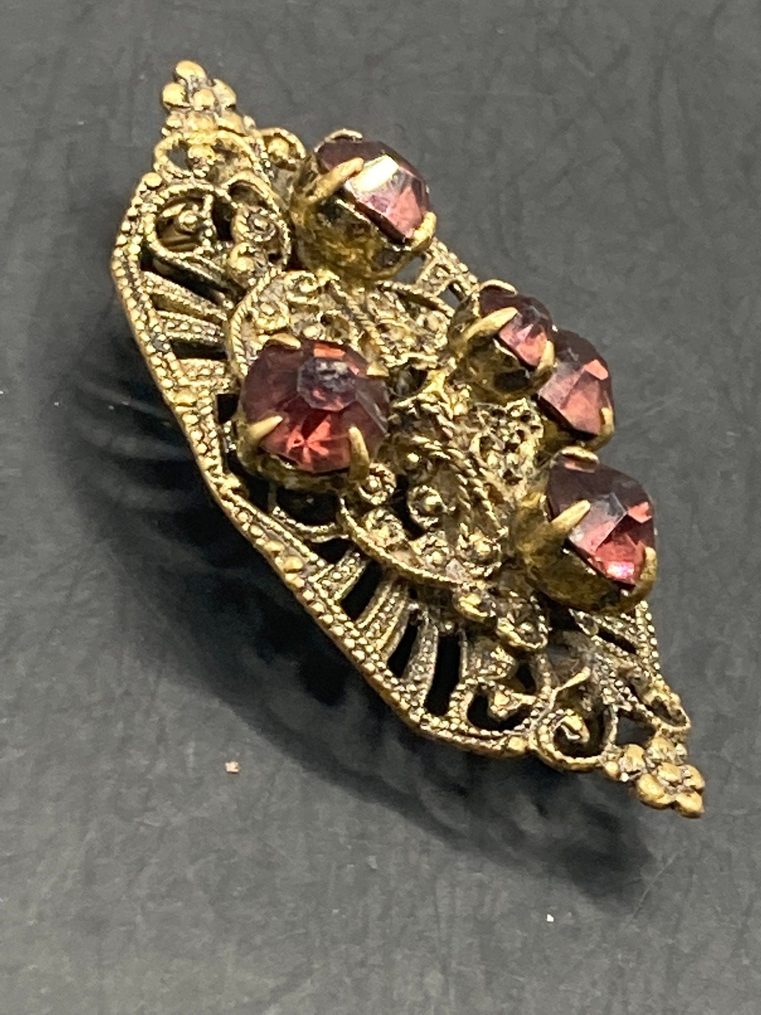 Czech gold tone filigree faux amethyst purple rhinestone brooch