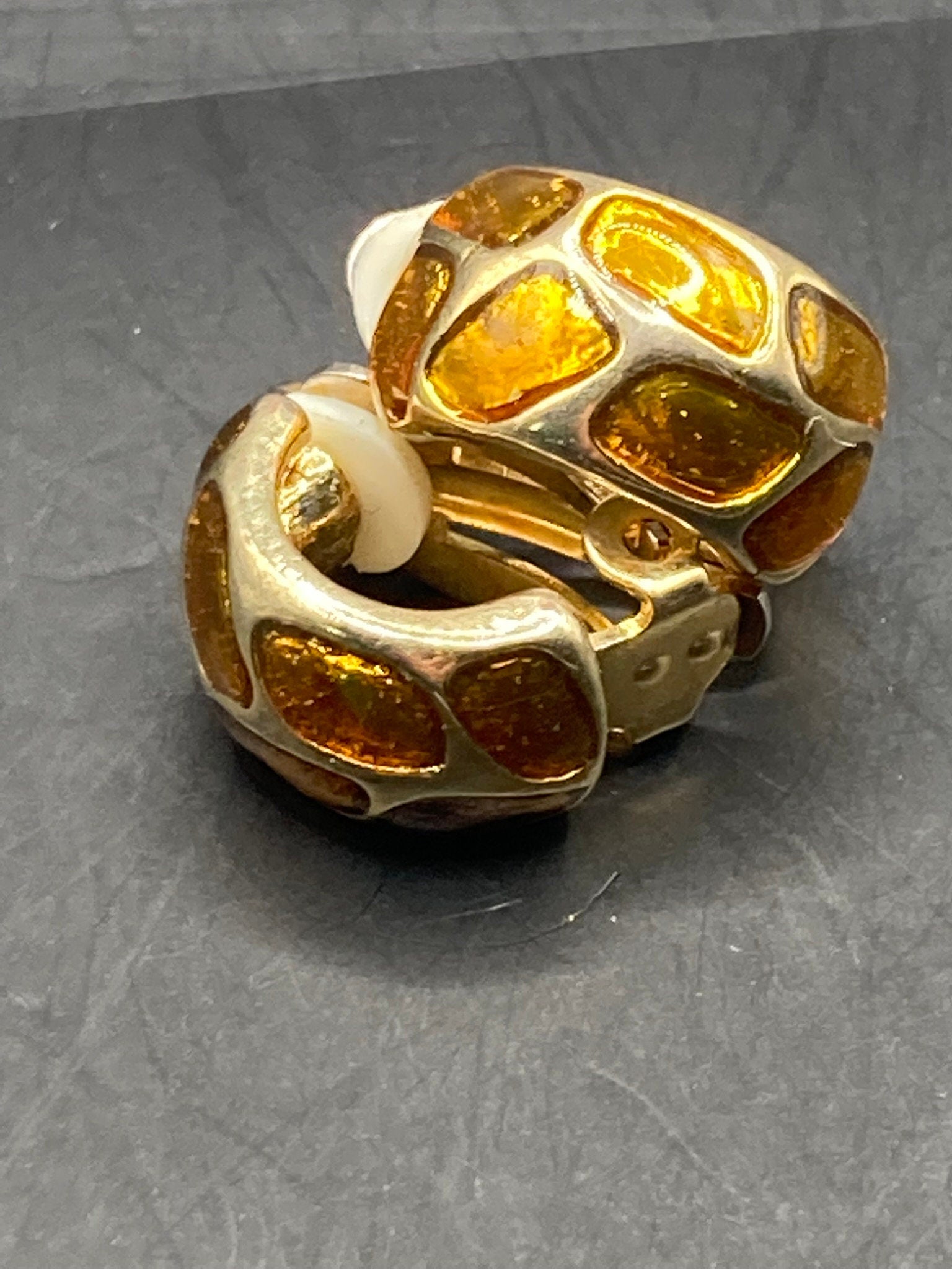 Vintage Glass orange amber enamel gold tone oval Clip On Stud Earrings