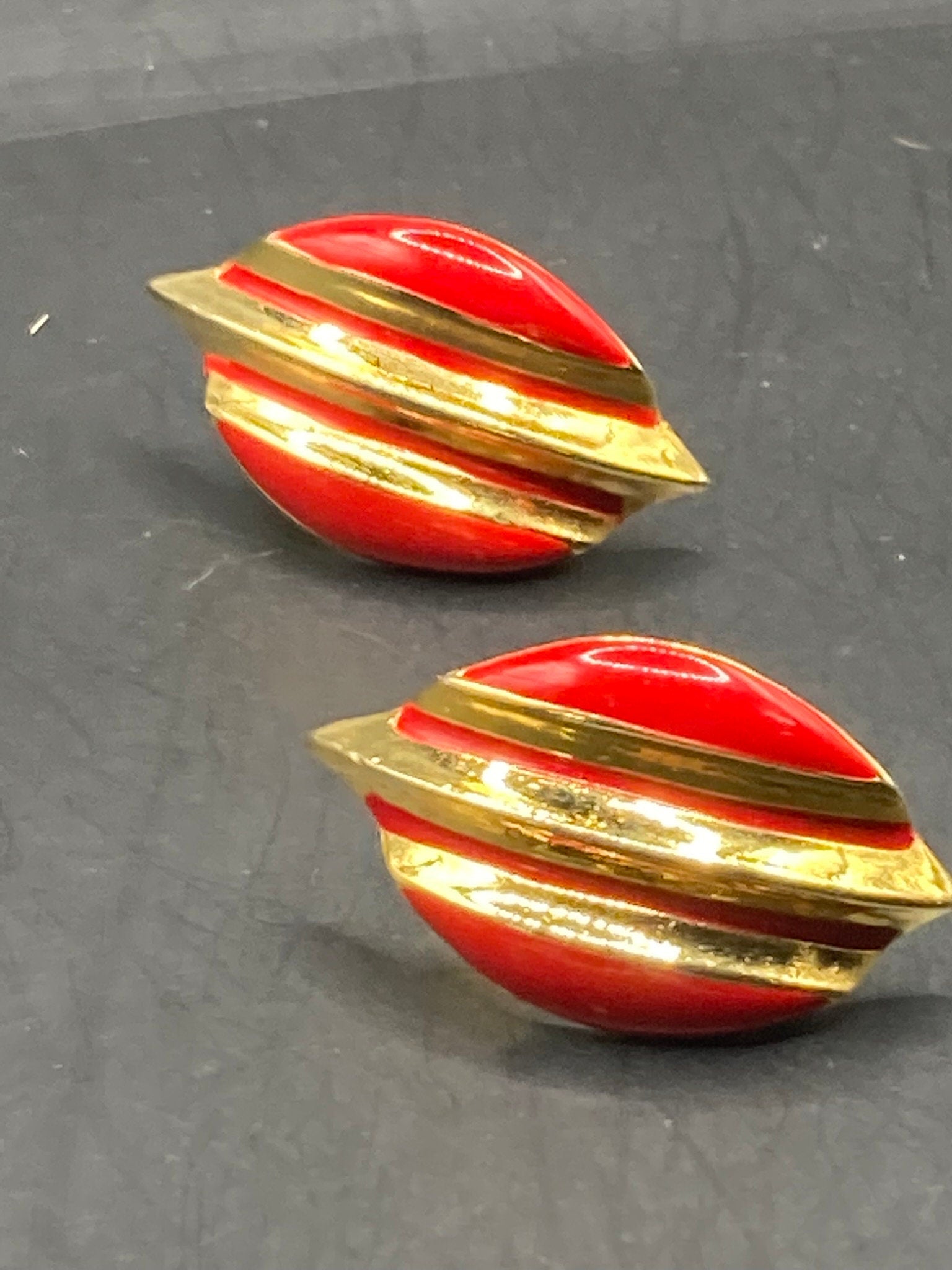 Signed ORENA Paris gold tone red enamel stud earrings for pierced ears