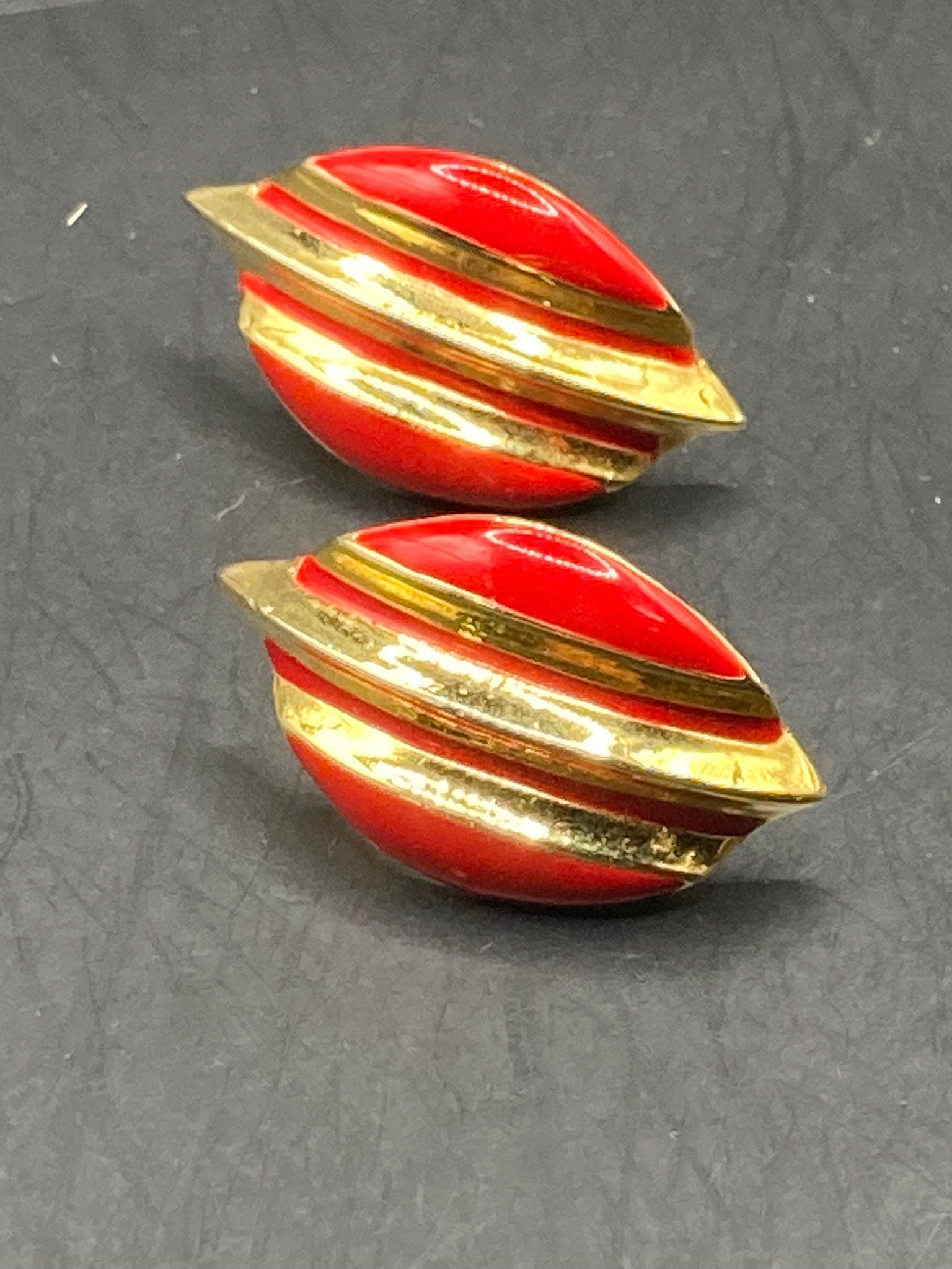 Signed ORENA Paris gold tone red enamel stud earrings for pierced ears