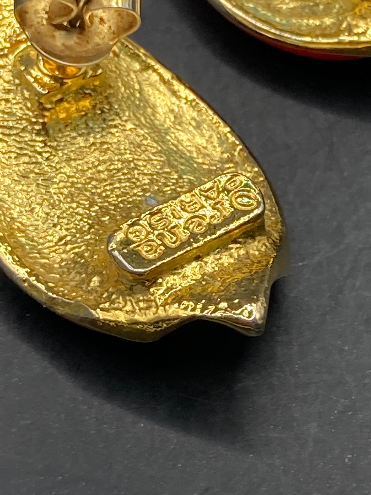 Signed ORENA Paris gold tone red enamel stud earrings for pierced ears