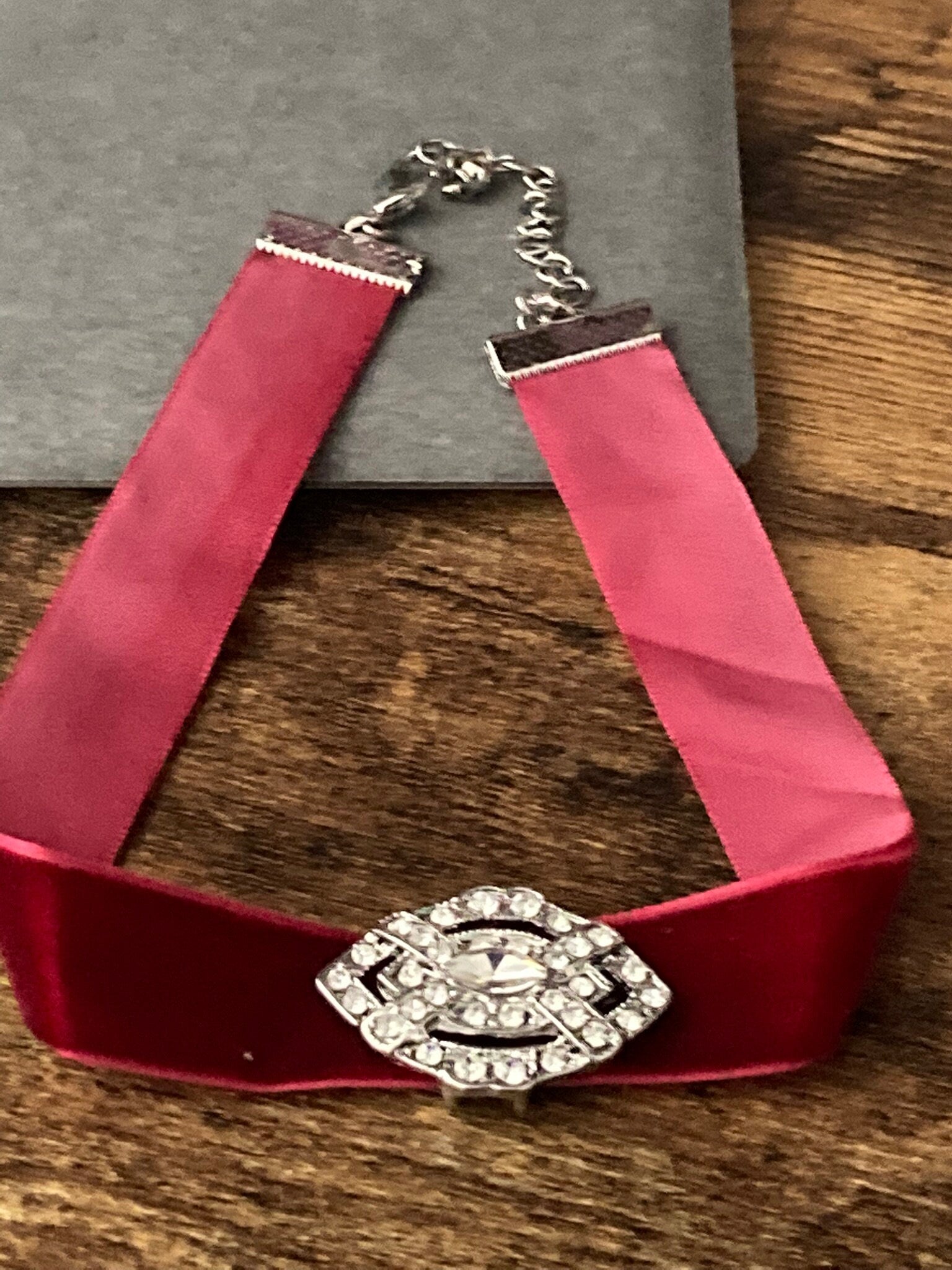 Victoriana style deep dark blood  red velveteen adjustable choker necklace with sliding diamante pendant detail