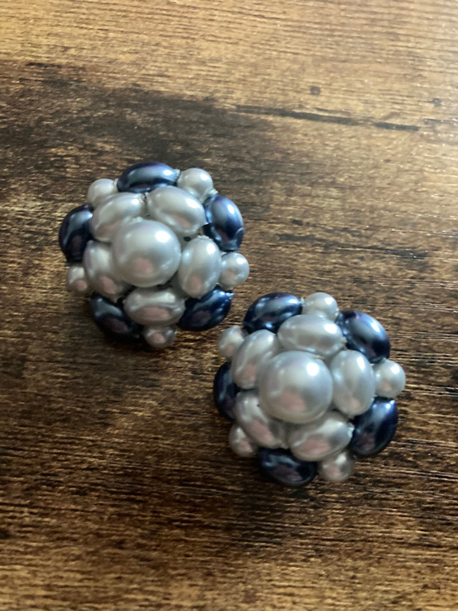 Vintage grey pearl plastic beaded Cluster Clip On Earrings