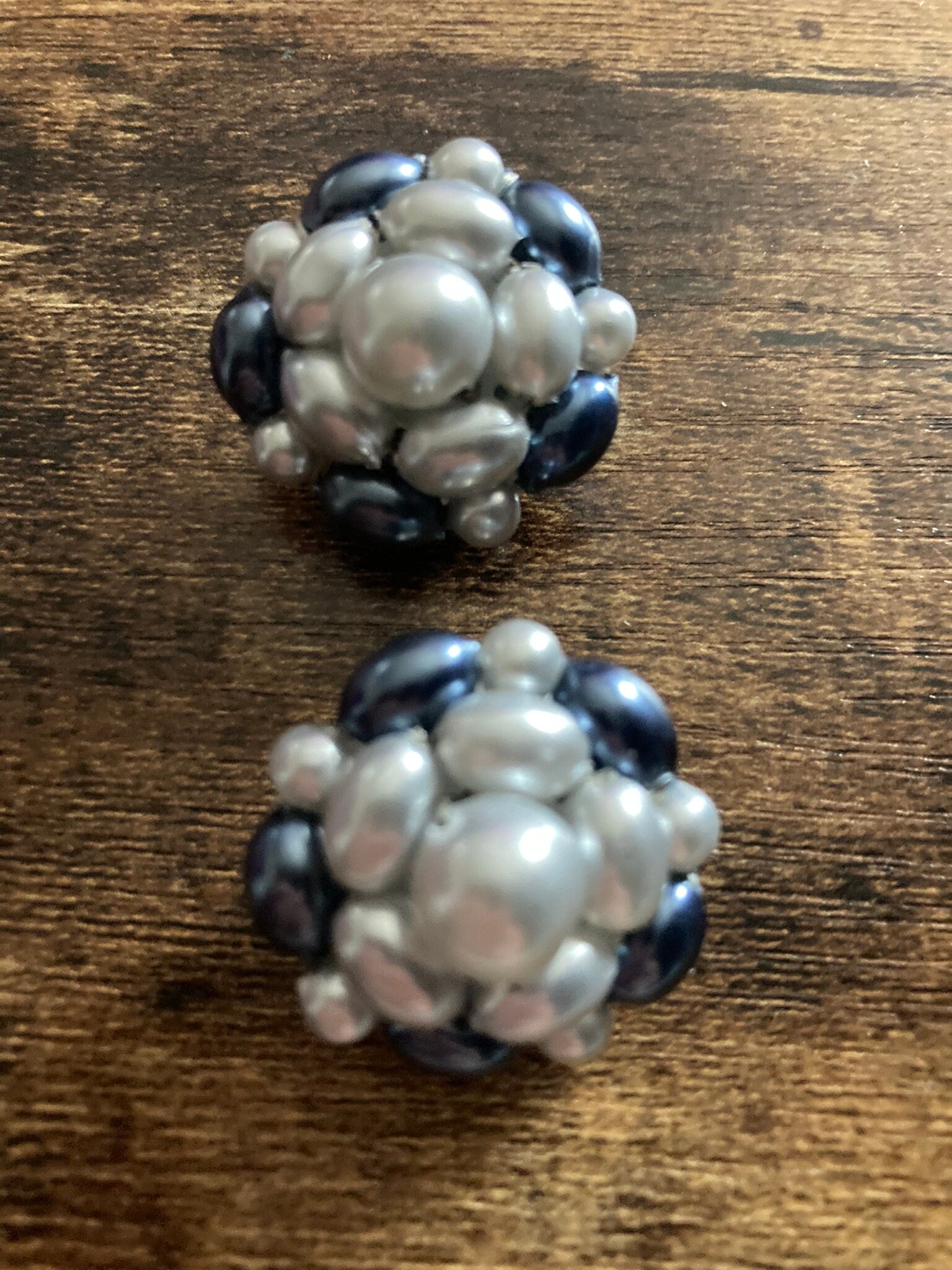 Vintage grey pearl plastic beaded Cluster Clip On Earrings