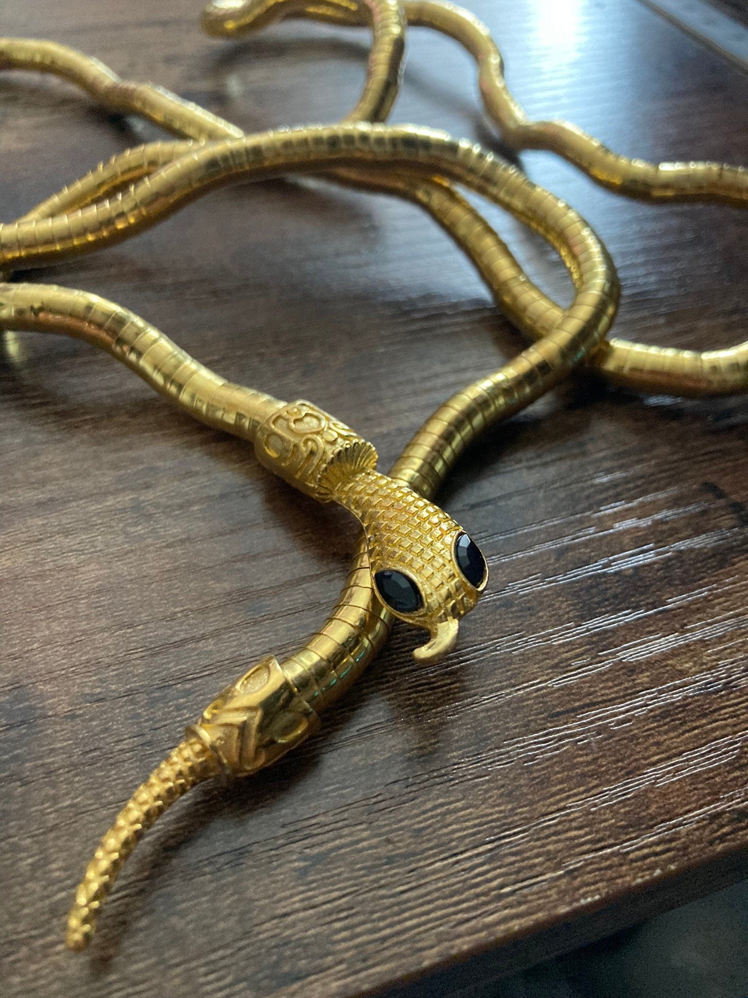 Versatile Snake wrap round choker necklace or bracelet Vintage Style Retro gold Tone metal bendy mesh 1m long Snake  Diamanté eyes