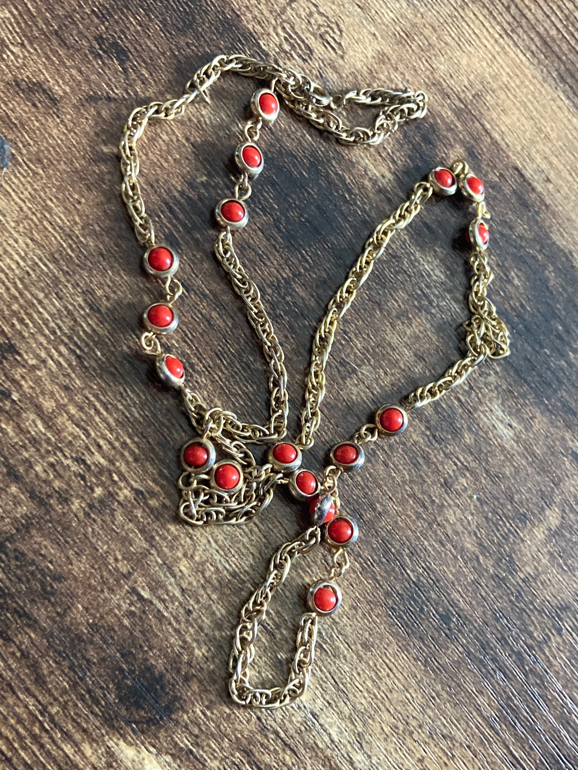 Rivière bezel set coral necklace orange glass gold tone 58cm length