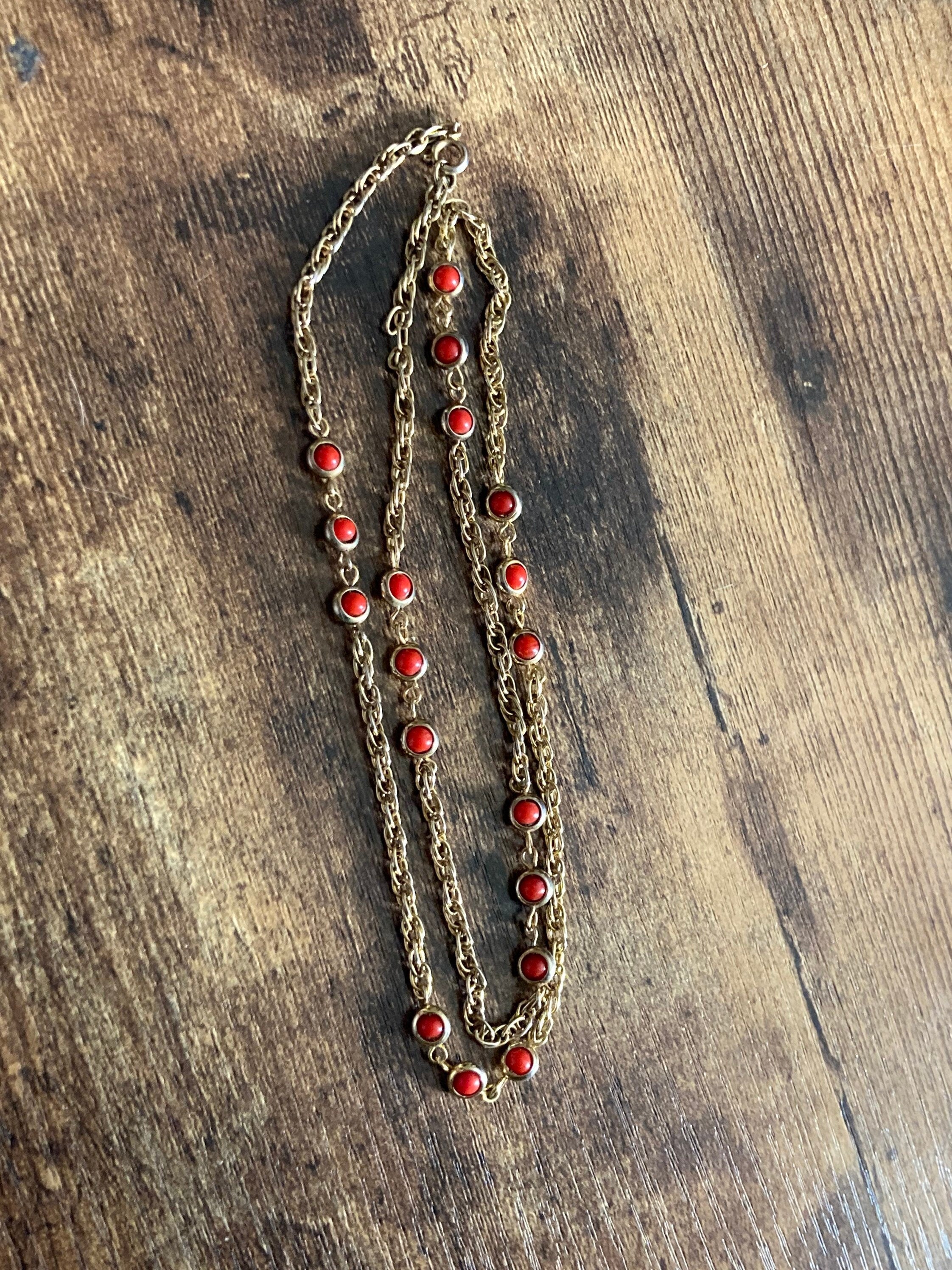 Rivière bezel set coral necklace orange glass gold tone 58cm length