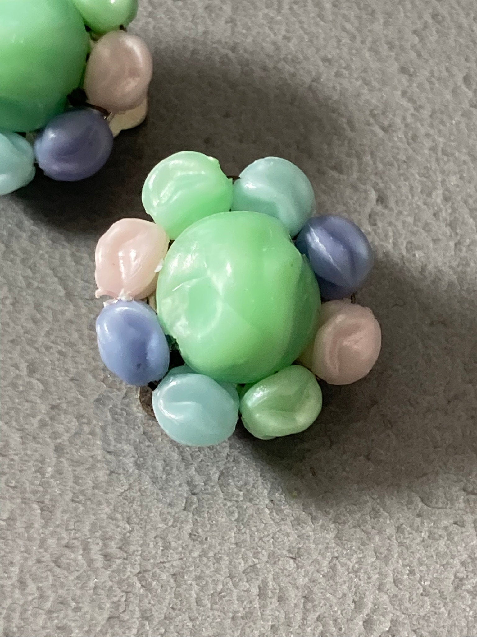pastel blue white green plastic Cluster Clip On Earrings Vintage 1960s