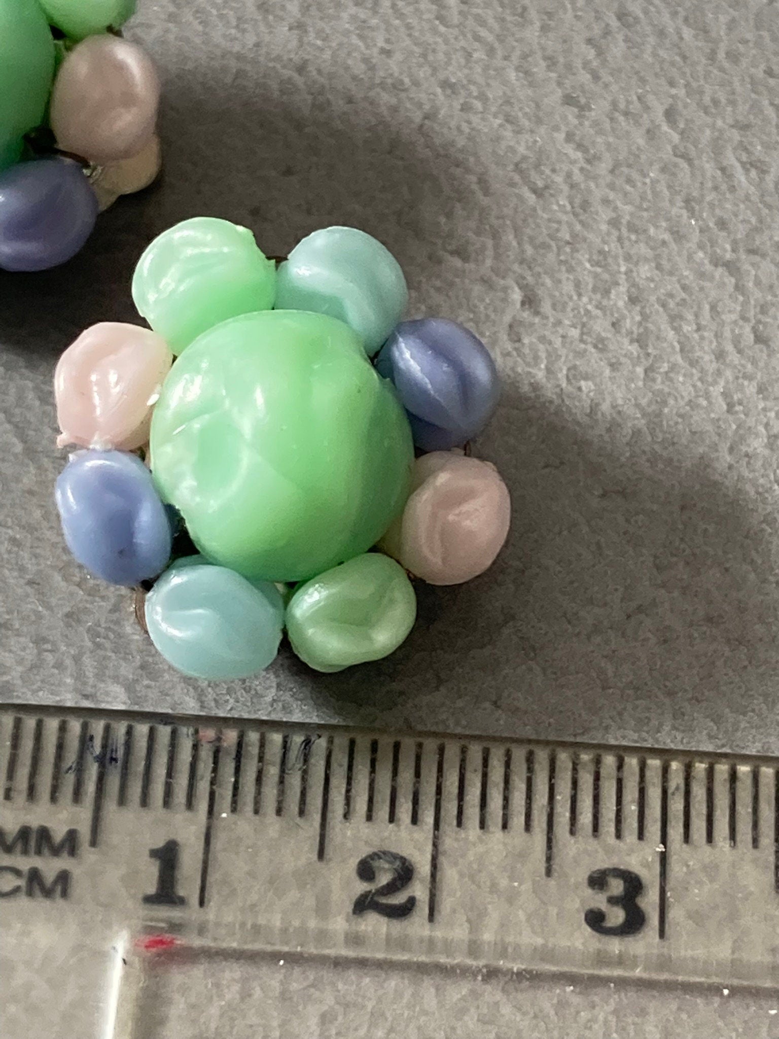 pastel blue white green plastic Cluster Clip On Earrings Vintage 1960s