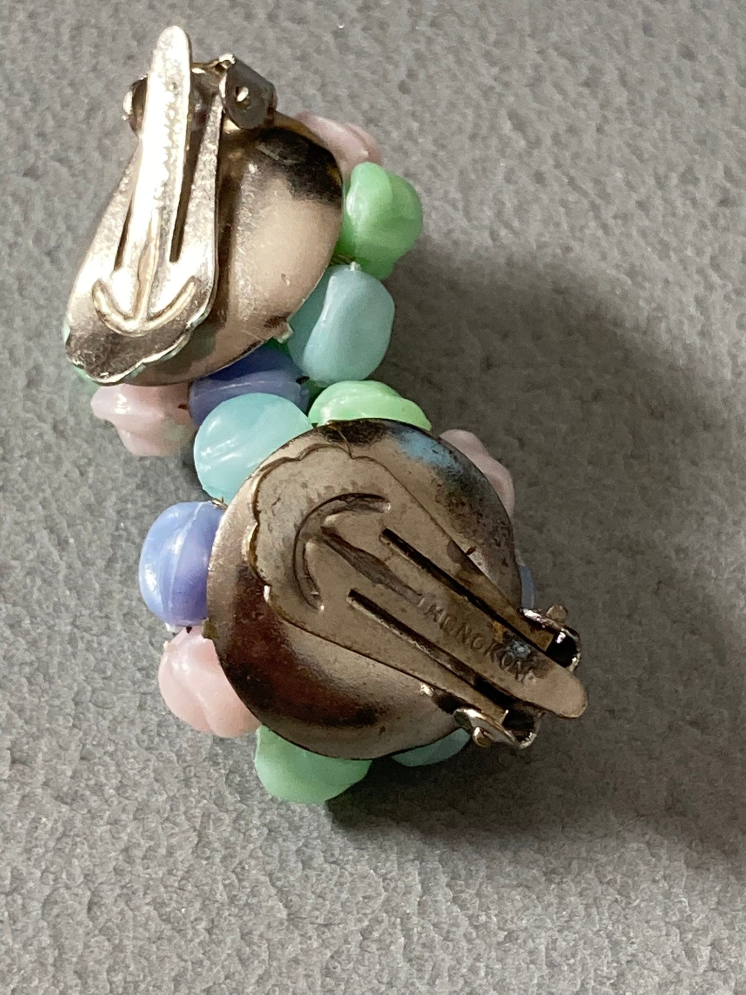 pastel blue white green plastic Cluster Clip On Earrings Vintage 1960s