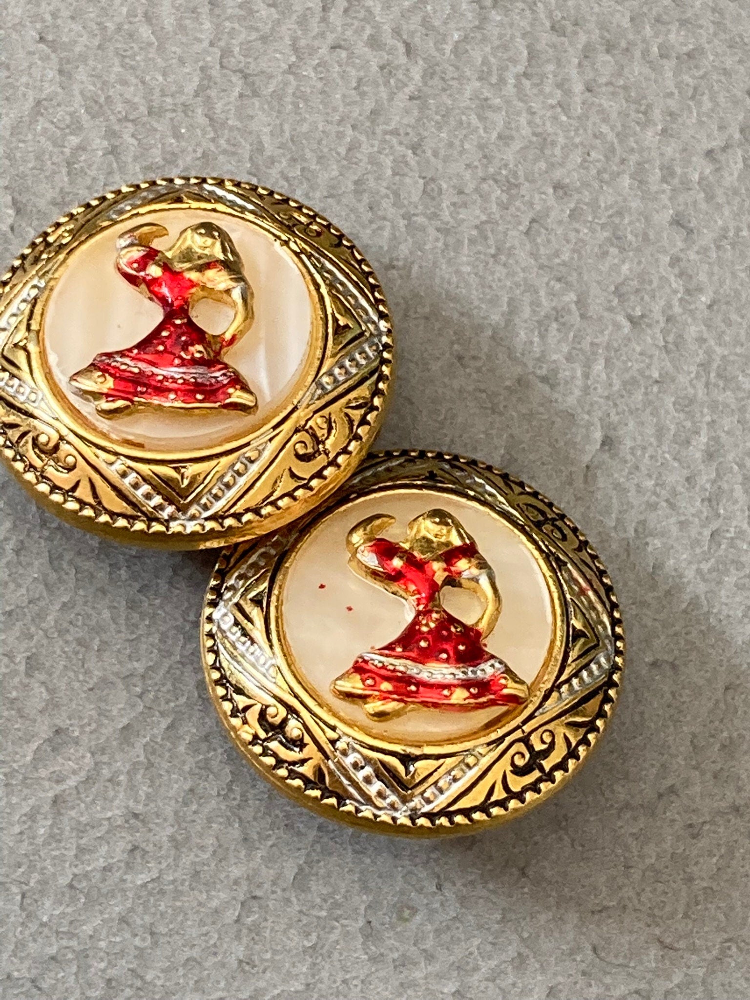 Vintage toledo black gold red flamenco dancer clip on earrings Spanish