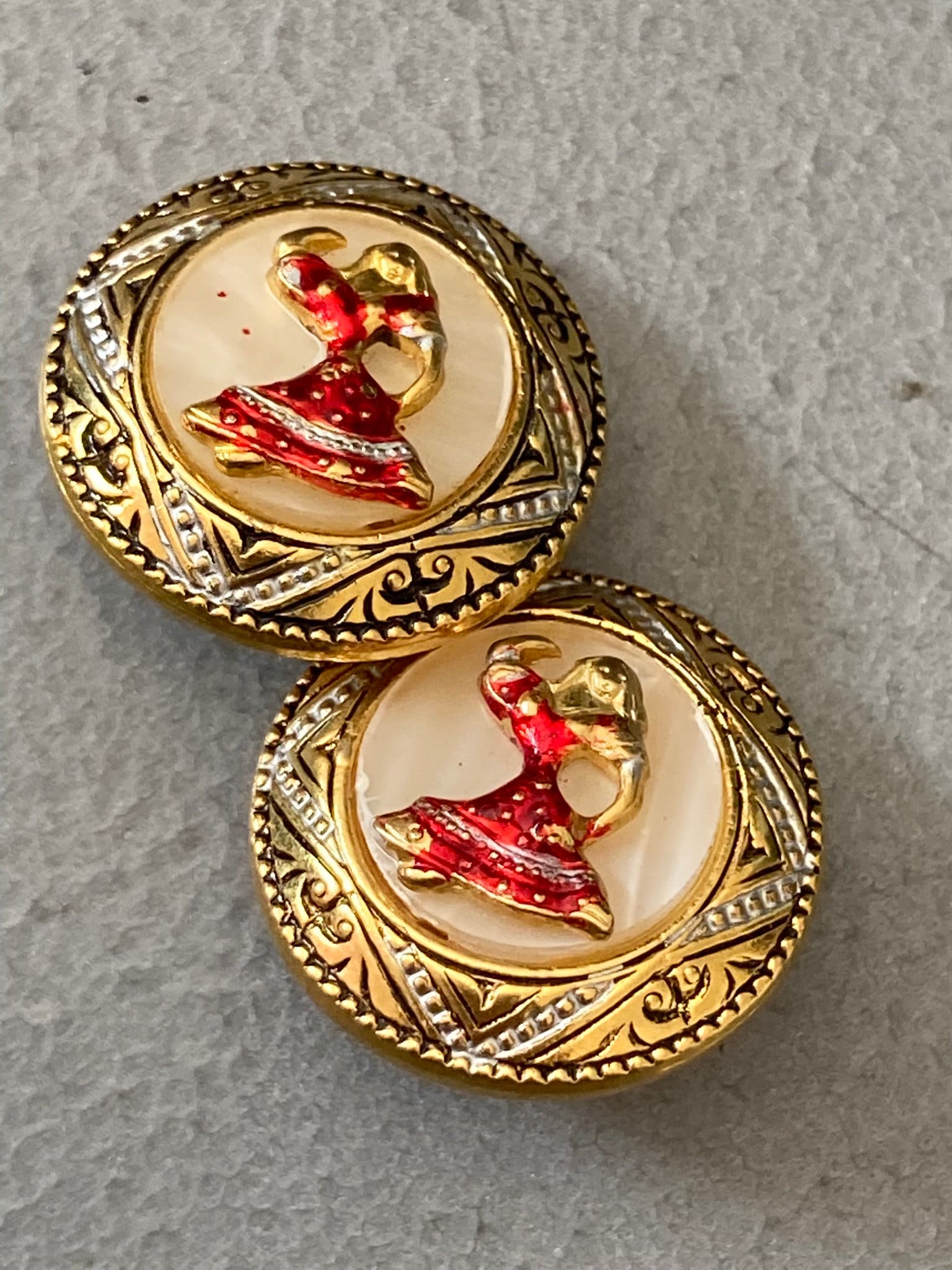 Vintage toledo black gold red flamenco dancer clip on earrings Spanish