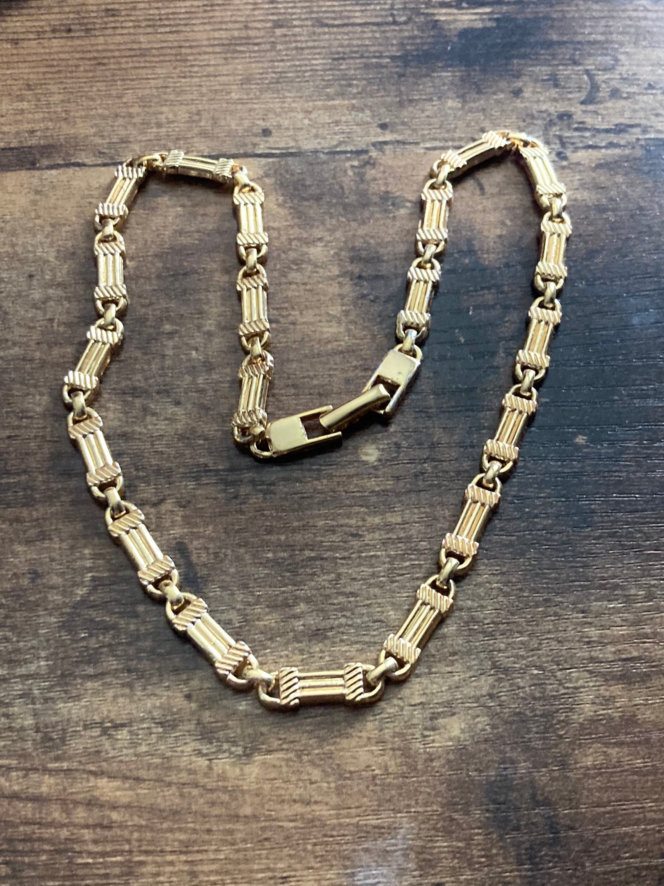 Vintage gold tone plated ornate bar fancy link chain necklace