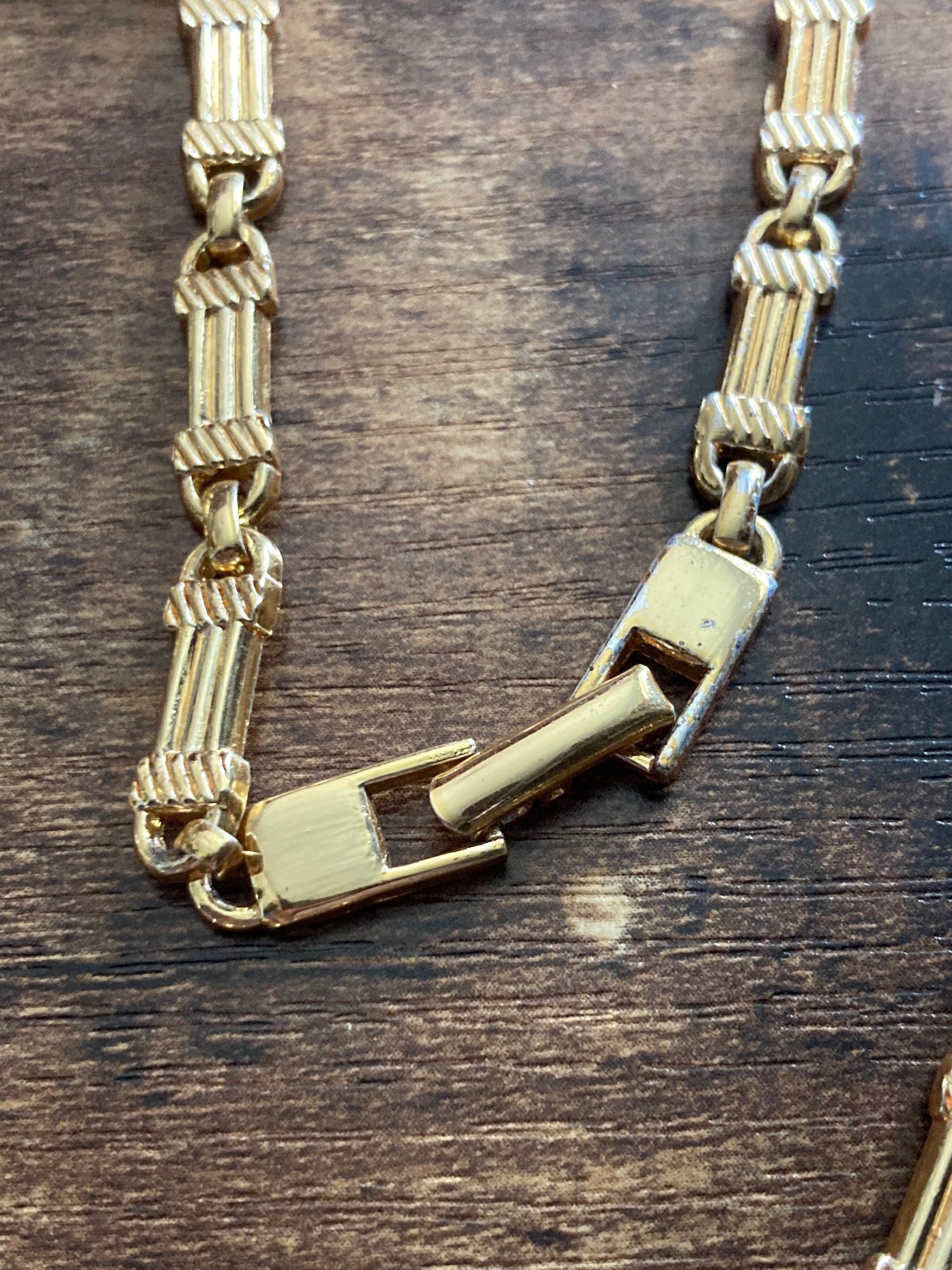 Vintage gold tone plated ornate bar fancy link chain necklace