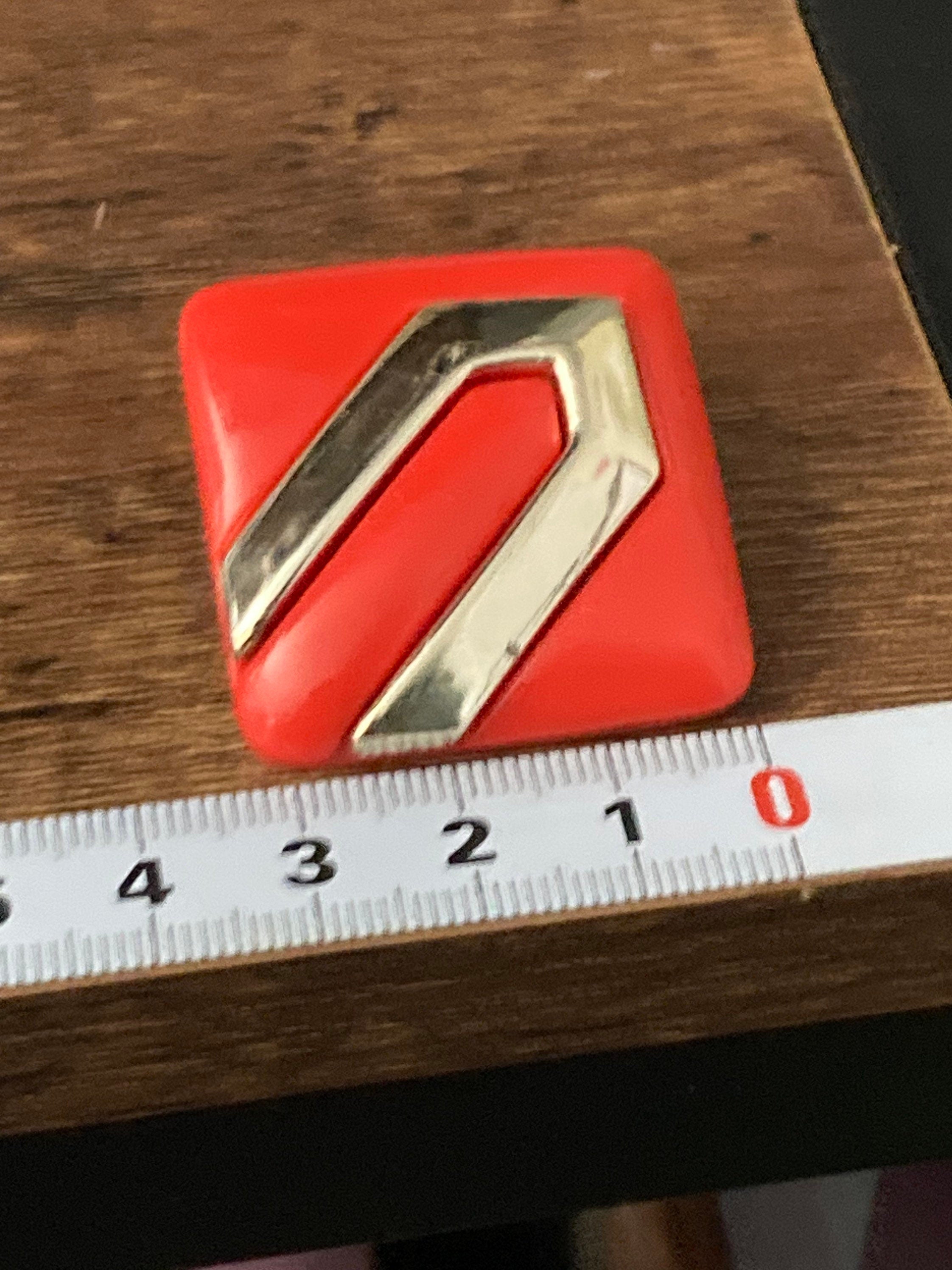 plastic oversized XL gold tone red square clip on power dress earrings