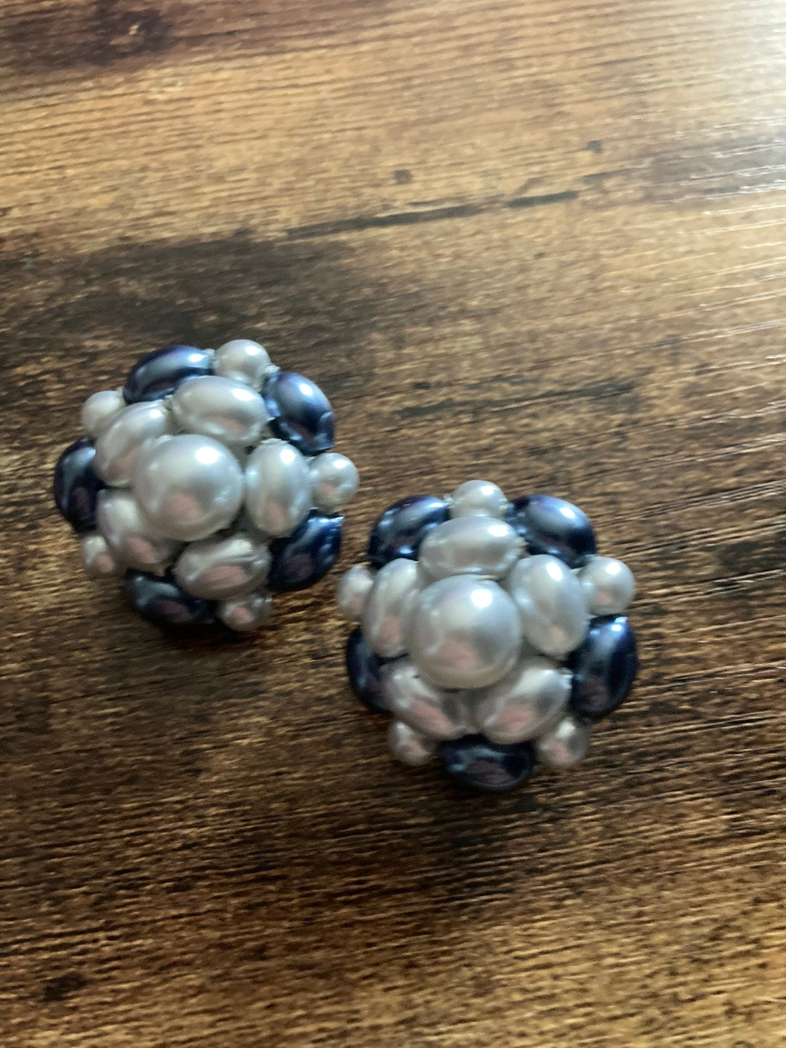 Vintage grey pearl plastic beaded Cluster Clip On Earrings