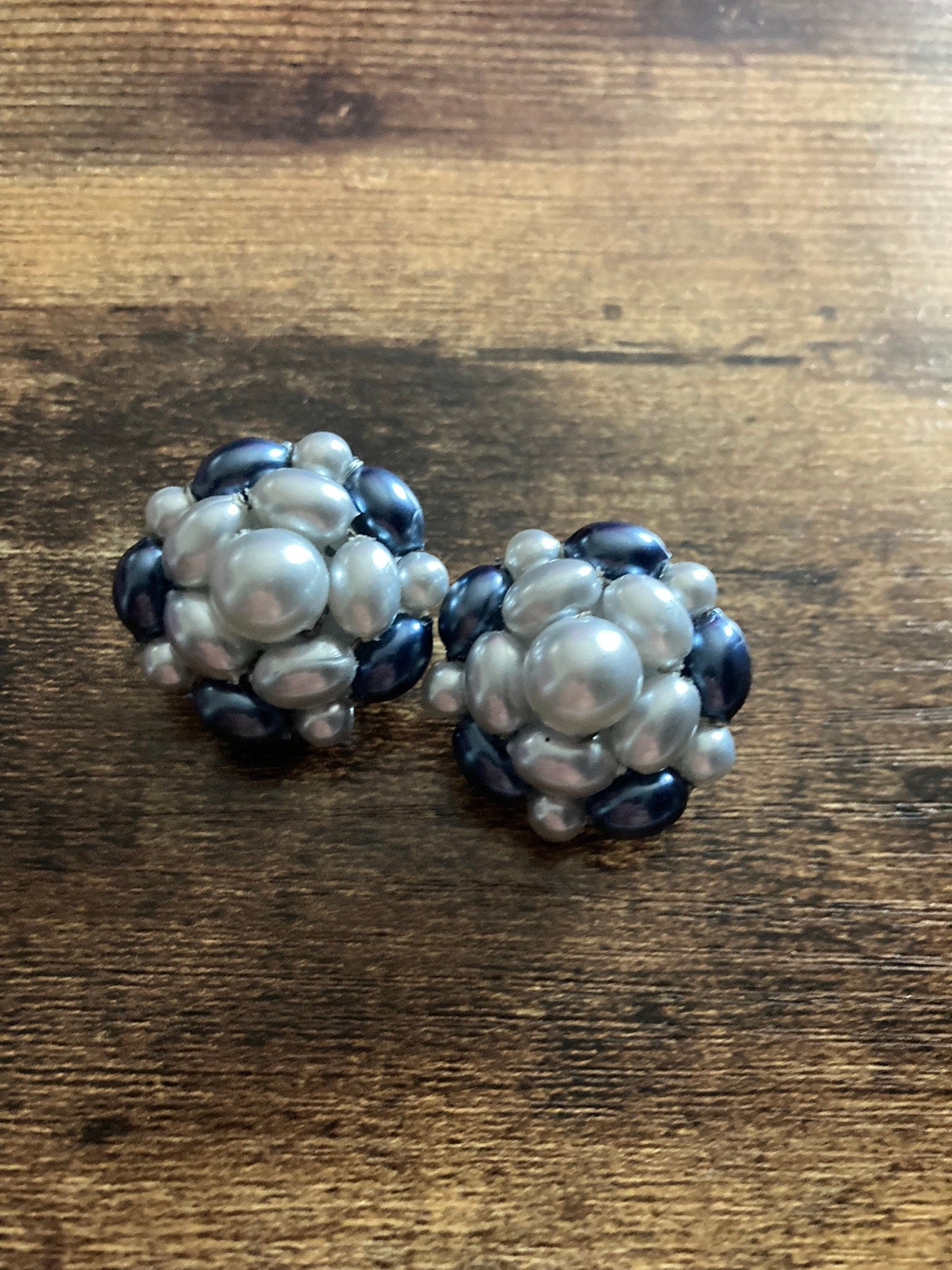 Vintage grey pearl plastic beaded Cluster Clip On Earrings