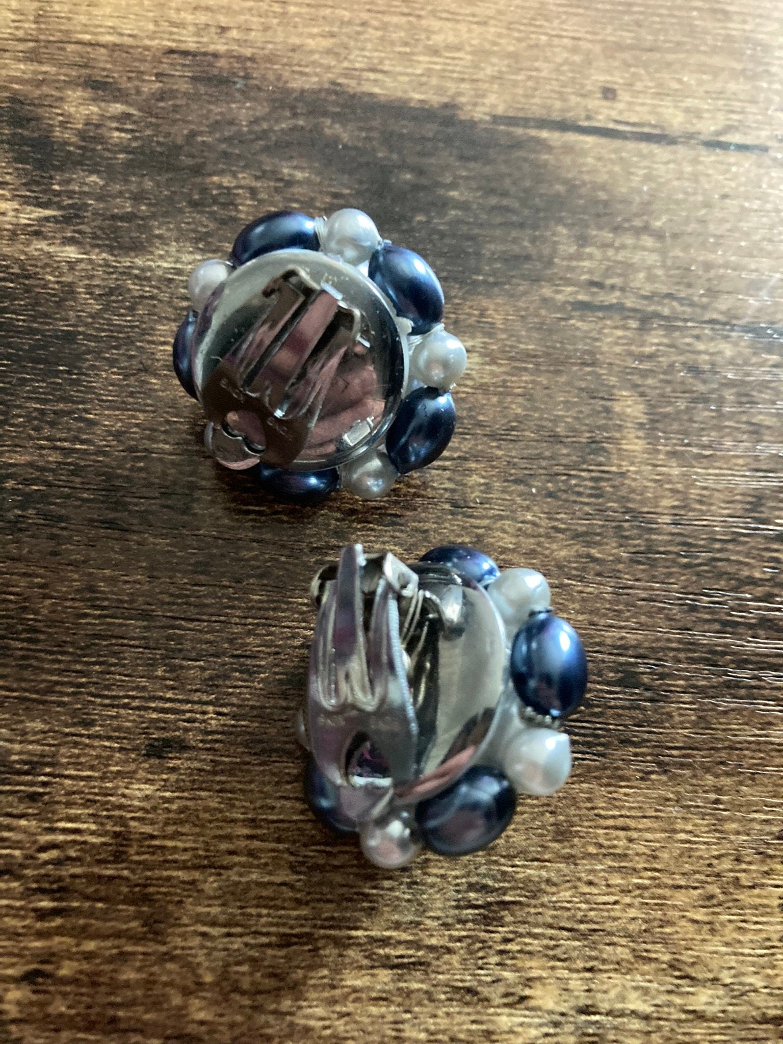 Vintage grey pearl plastic beaded Cluster Clip On Earrings