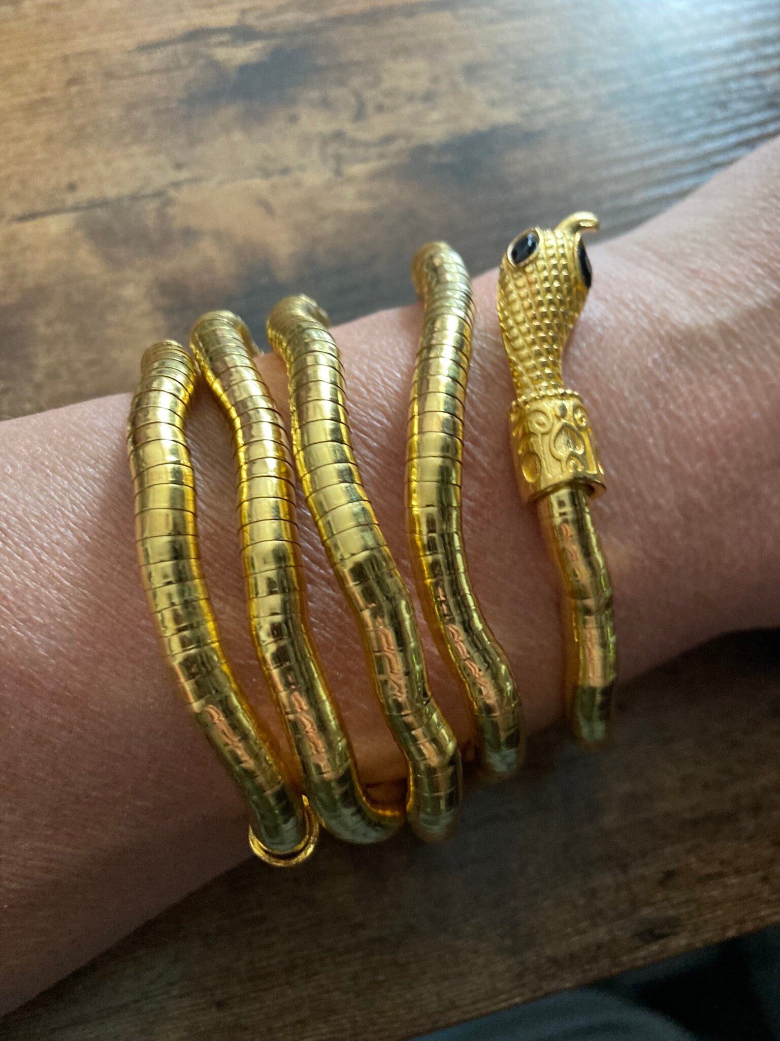 Versatile Snake wrap round choker necklace or bracelet Vintage Style Retro gold Tone metal bendy mesh 1m long Snake  Diamanté eyes