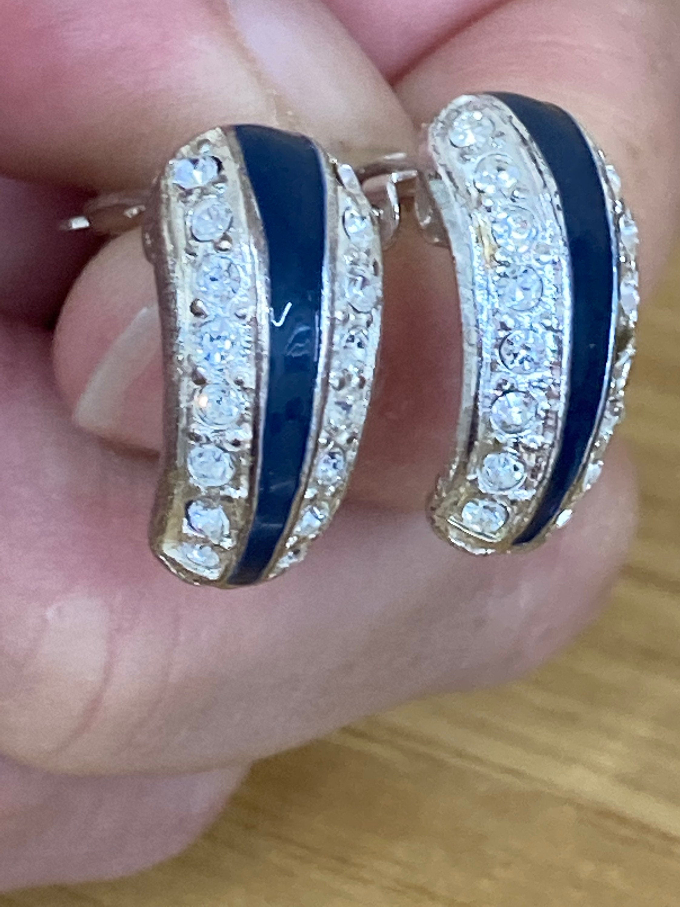 Dark navy blue enamel clear diamanté Vintage Clip On Stud Earrings