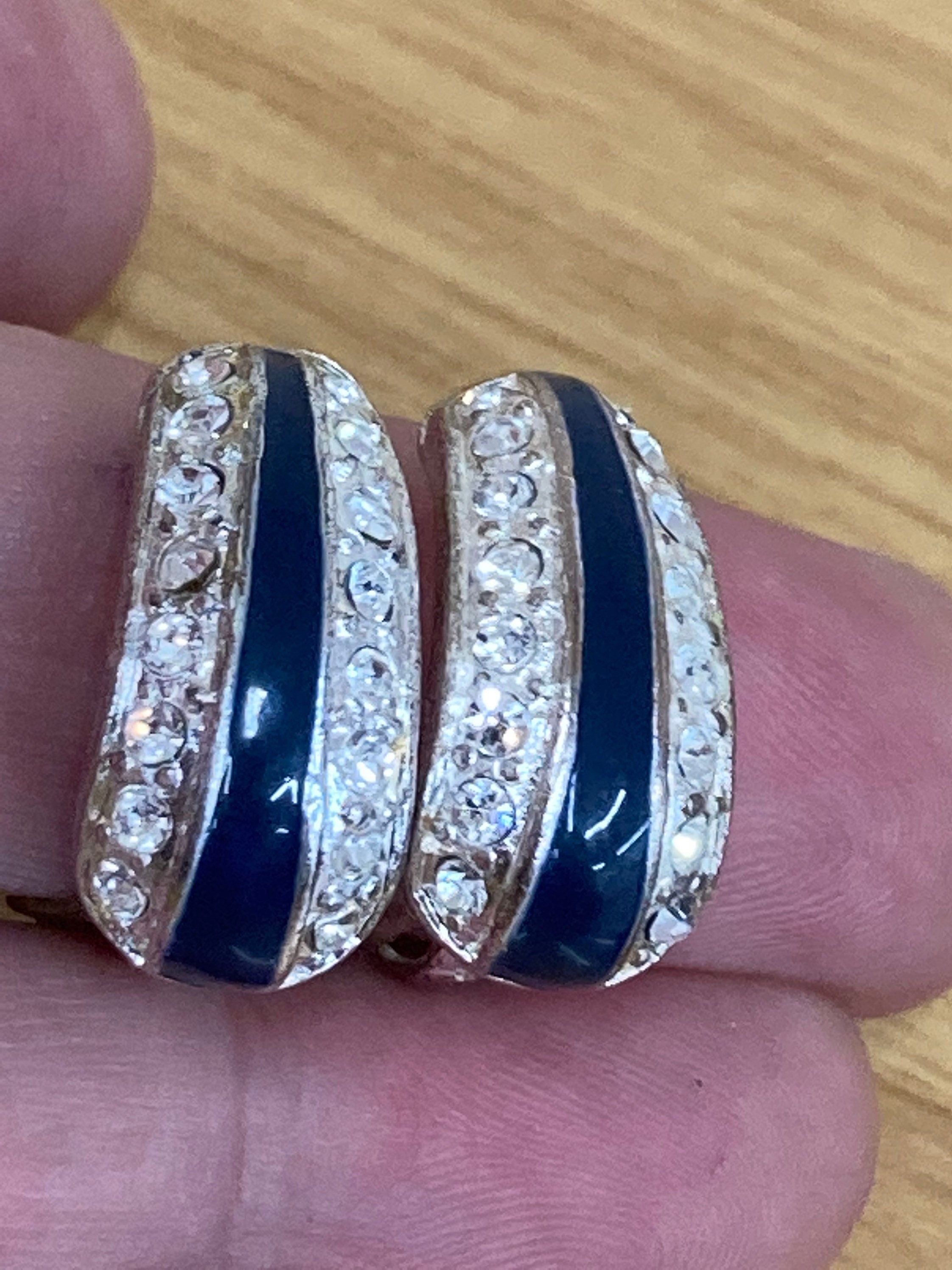 Dark navy blue enamel clear diamanté Vintage Clip On Stud Earrings