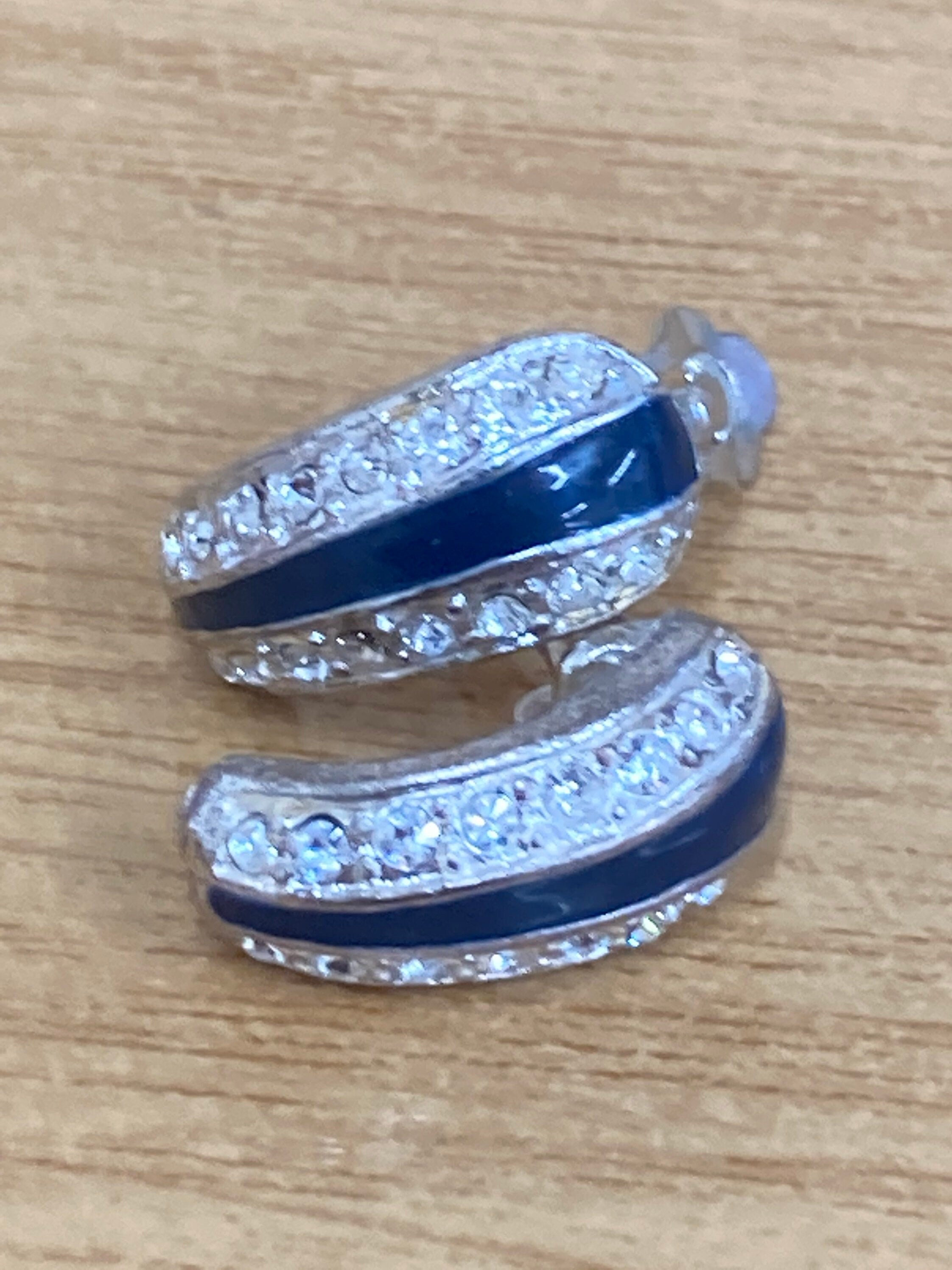 Dark navy blue enamel clear diamanté Vintage Clip On Stud Earrings