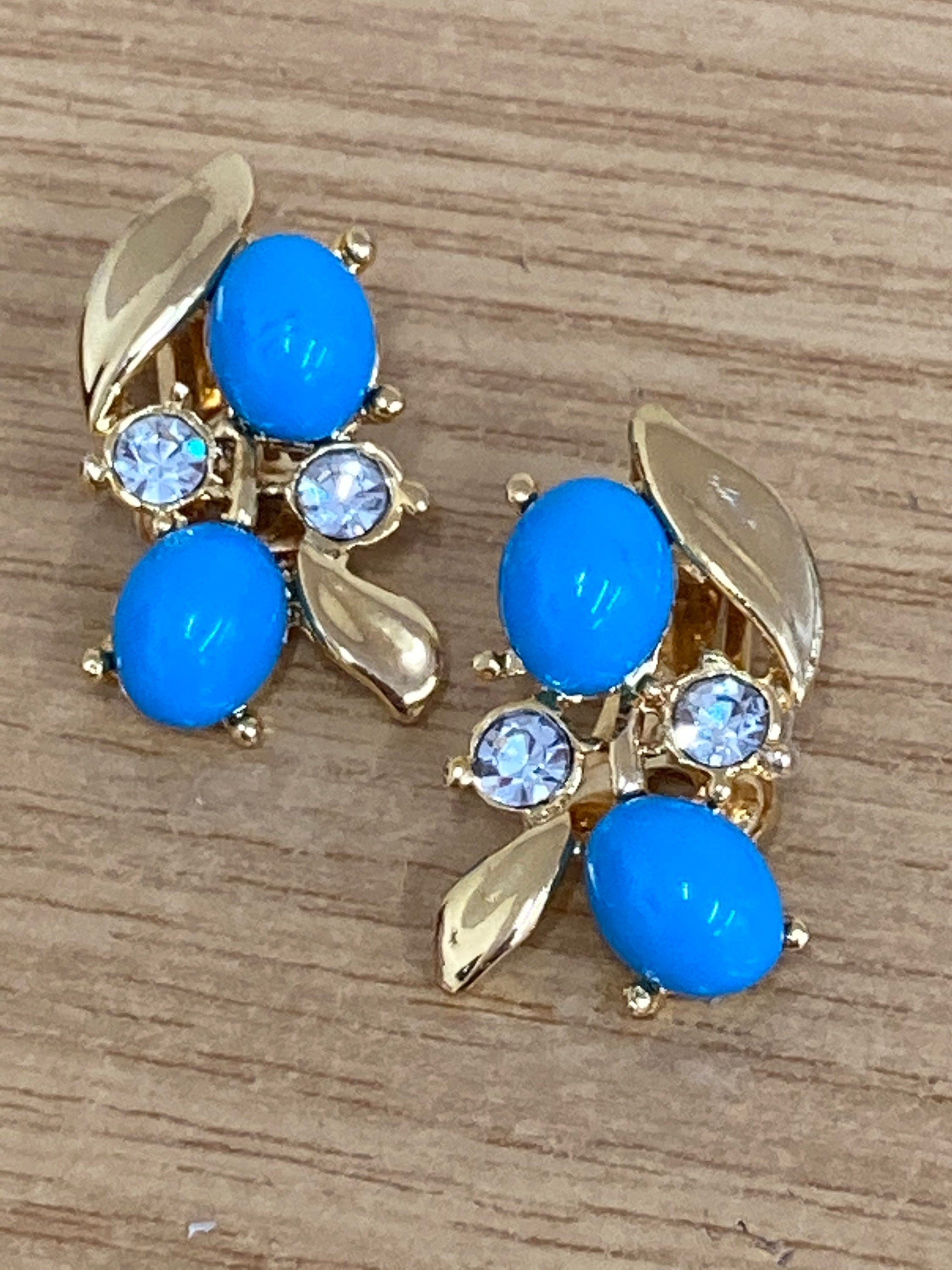 gold tone Turquoise glass diamanté paste rhinestone gem set clip on modernist earrings