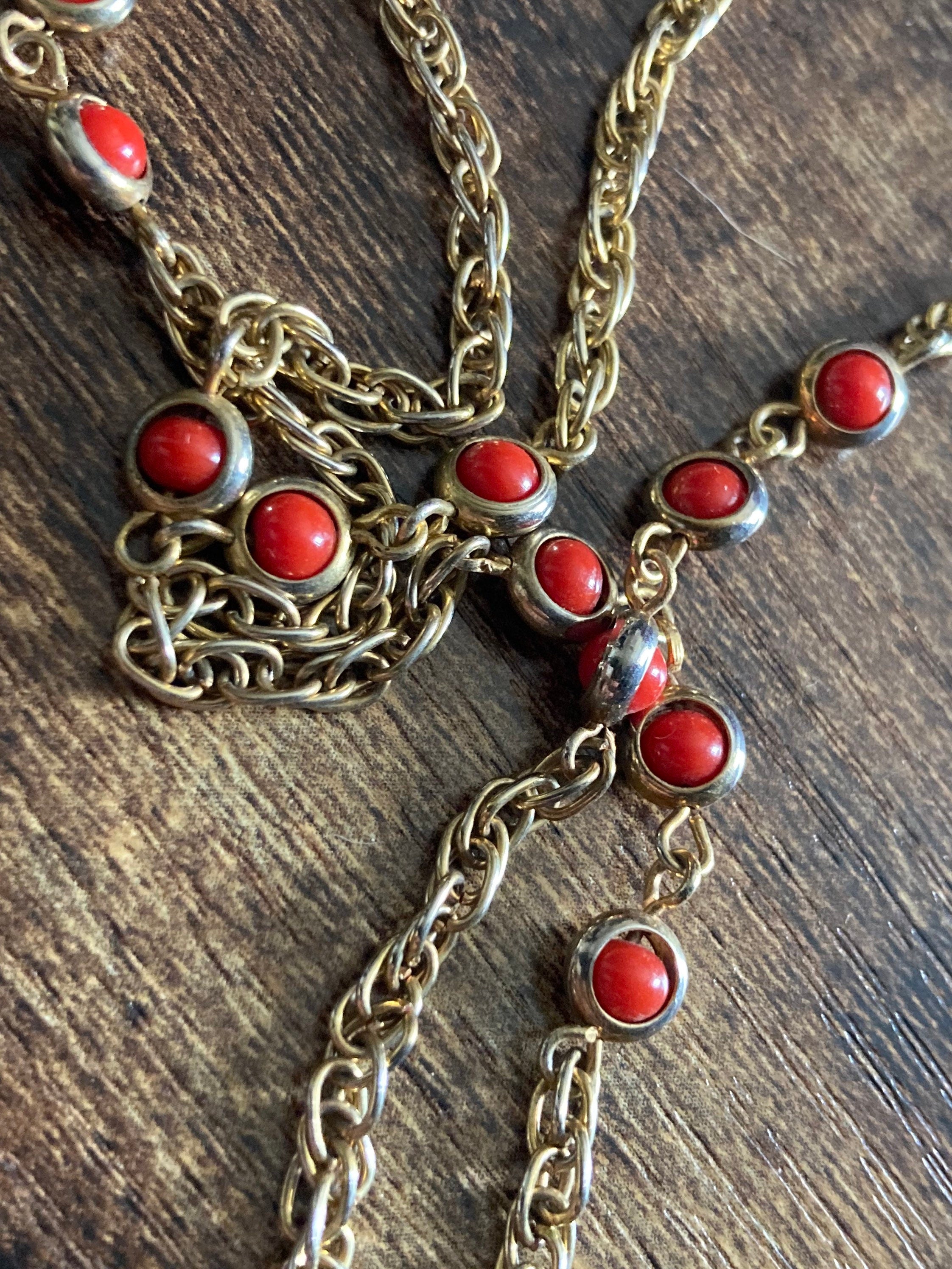 Rivière bezel set coral necklace orange glass gold tone 58cm length