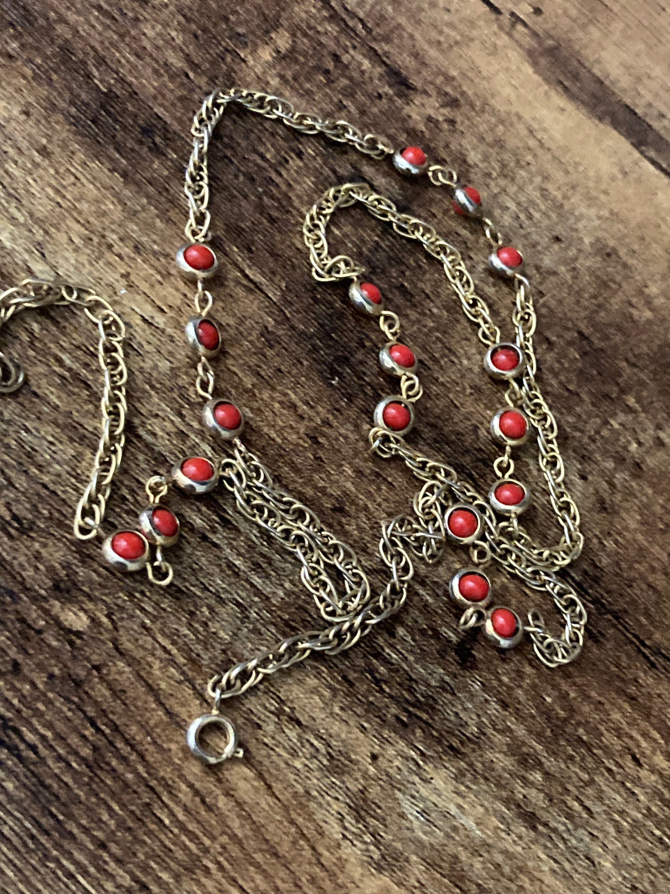 Rivière bezel set coral necklace orange glass gold tone 58cm length